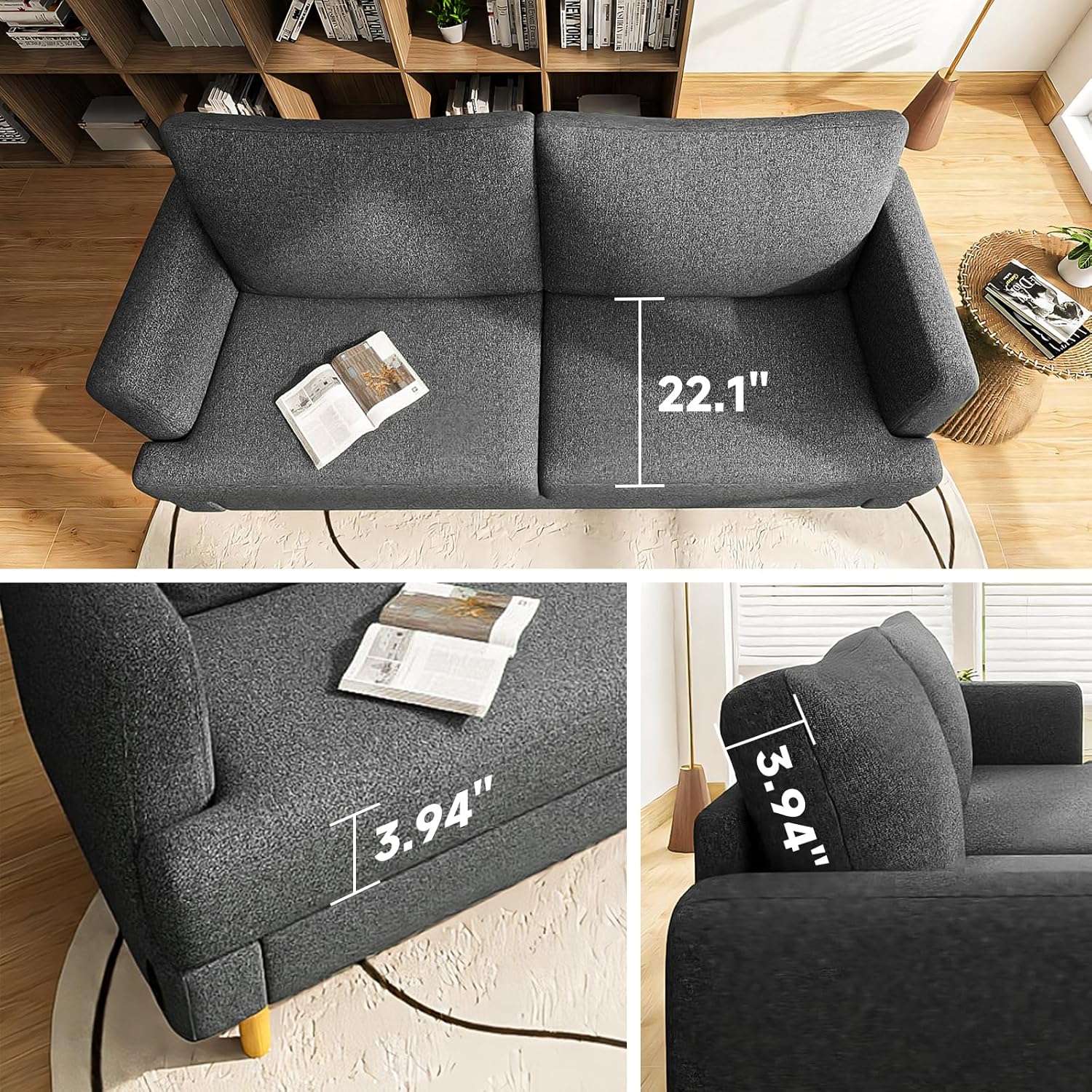 Loveseat Sofa Couch for Living Room with USB Type C Ports Dark Gray Upholstered Small Couches wourant