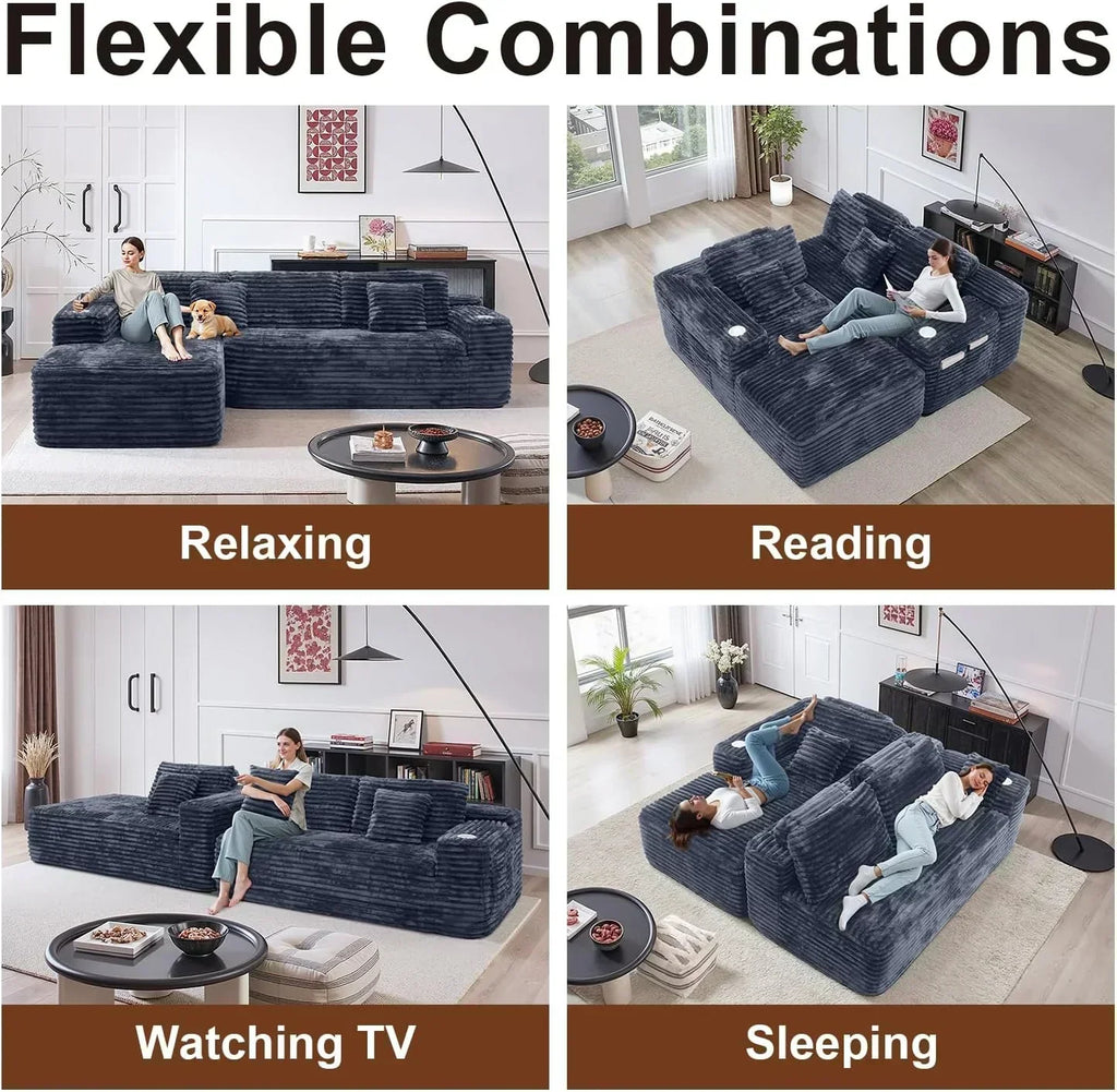 Cloud section sofa with L-shaped recliner modern modular sofa built-in cup holder wourant
