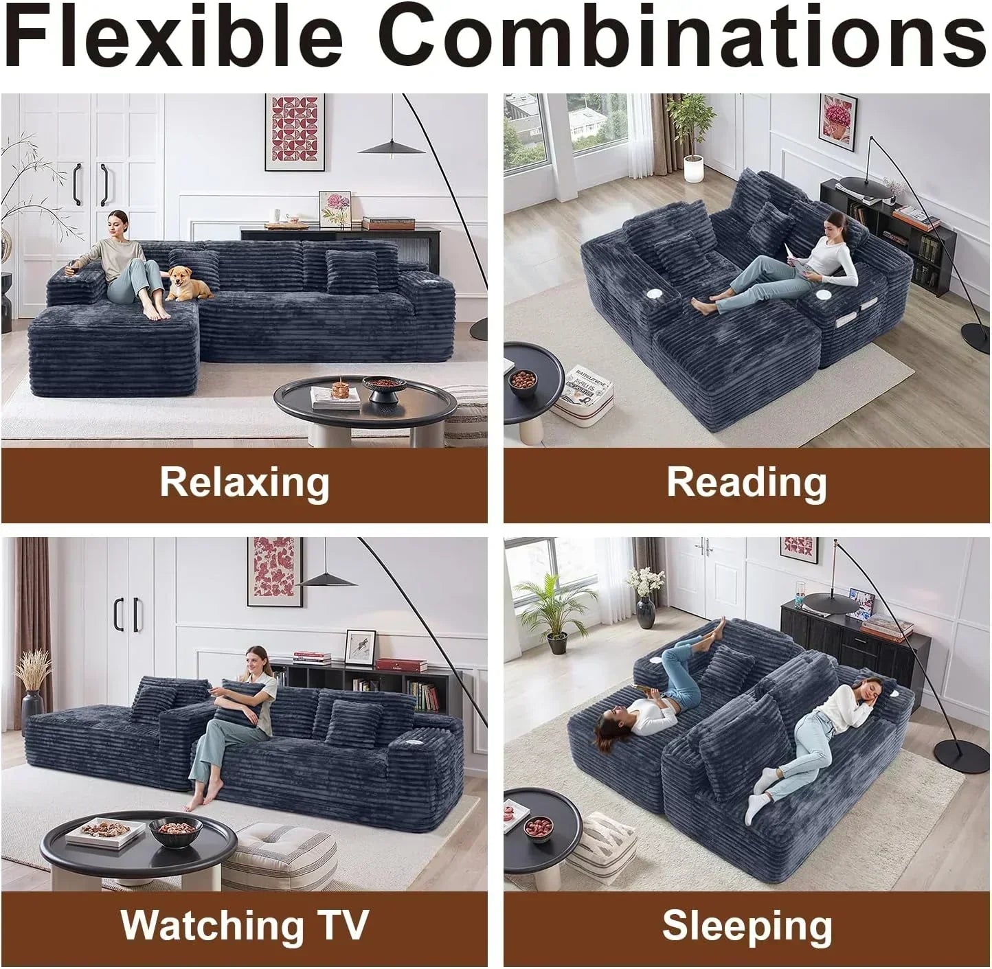 Cloud section sofa with L-shaped recliner modern modular sofa built-in cup holder wourant