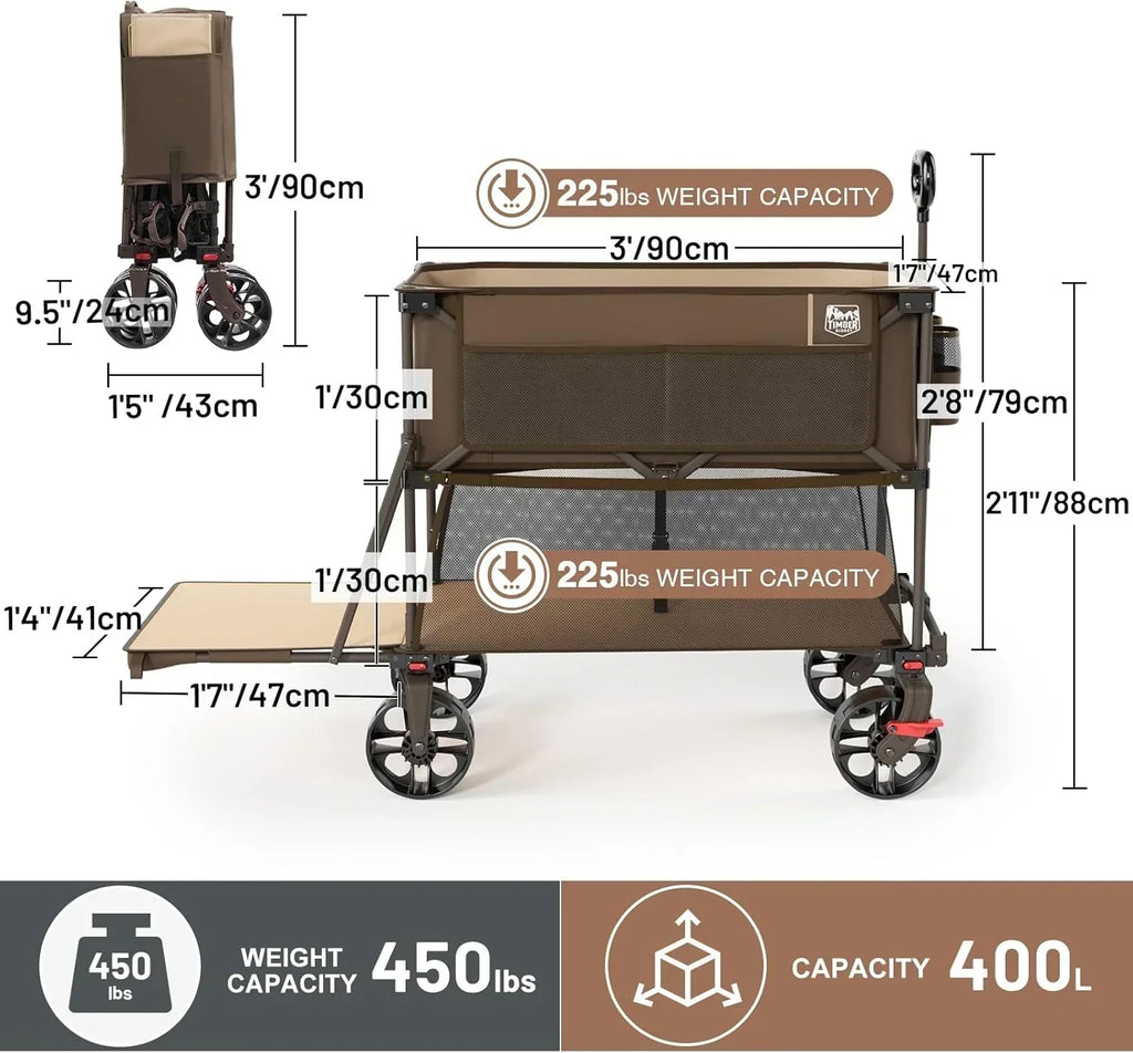 400L Large Capacity Folding Double Decker Cart with Brakes 54 Inch Extra Long Extended Cart wourant