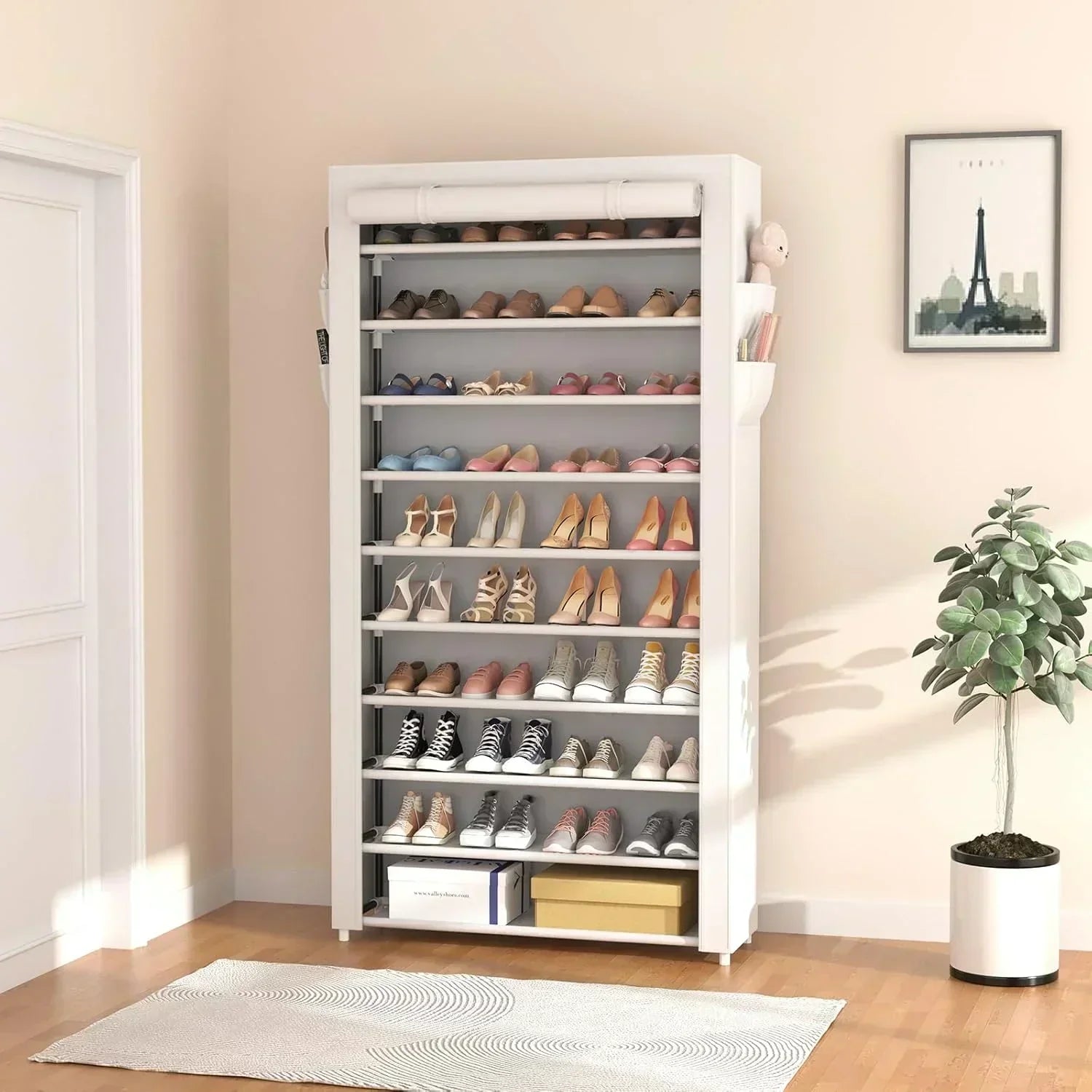 ROJASOP 10 Tier Shoe Rack with Covers Large Capacity Stackable Tall Shoe Shelf Storage wourant