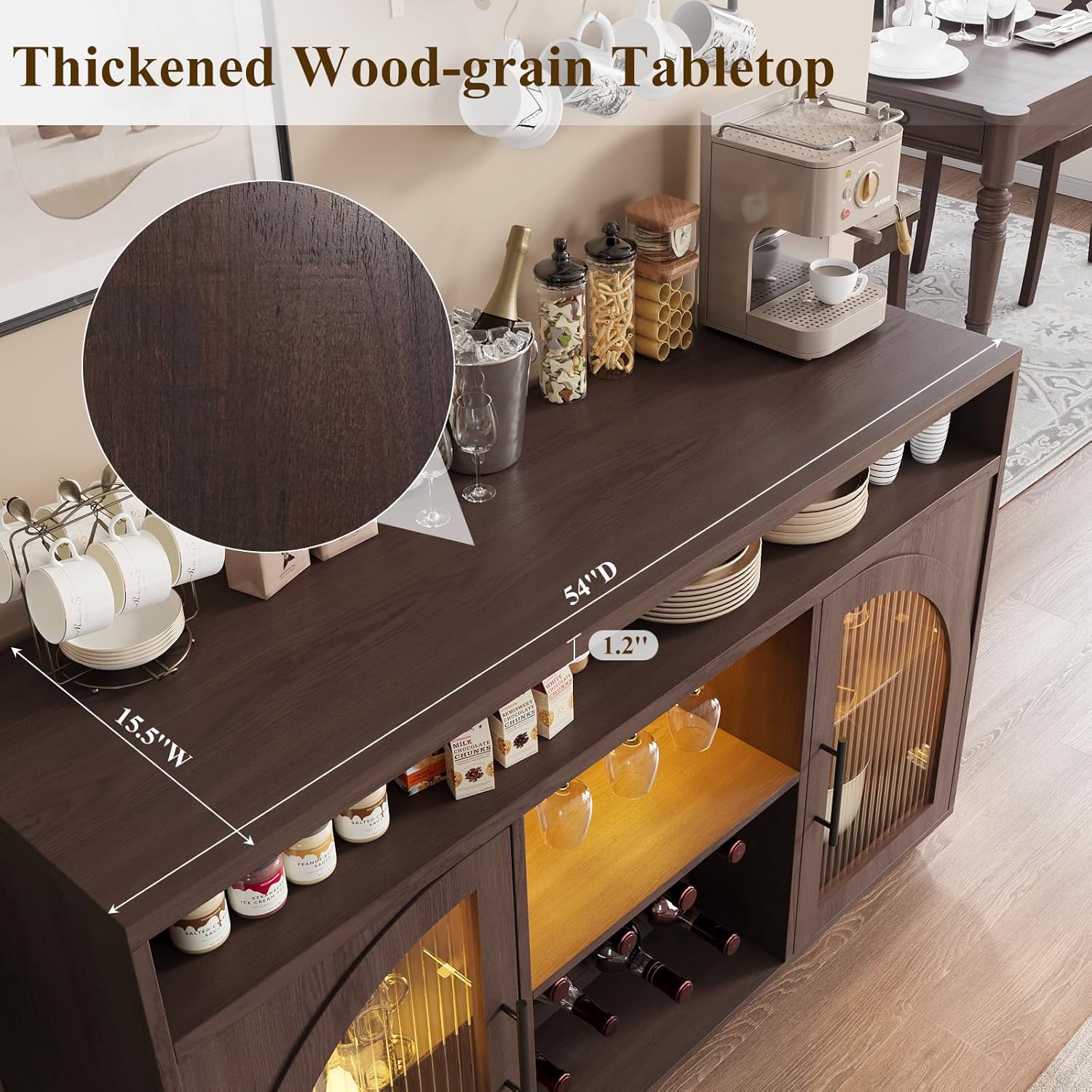 Sideboard 54-inch kitchen cabinet with LED lights and arched glass doors tall bar cabinet wourant