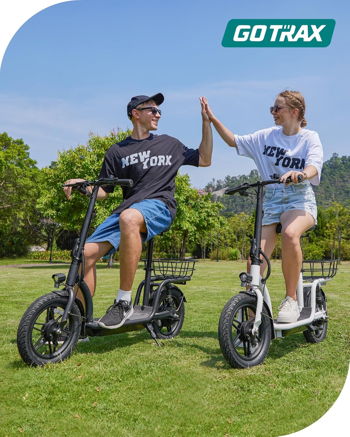 Gotrax adult electric scooter with seat maximum range of 19-25 miles all-terrain tires wide pedals wourant