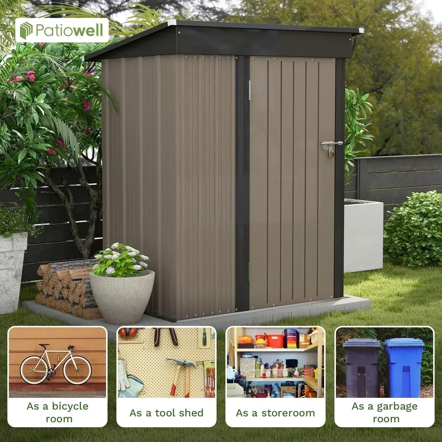 Patiowell 5x3 FT Outdoor Storage Shed Tool Shed with Sloping Roof and Lockable Door Metal Shed wourant