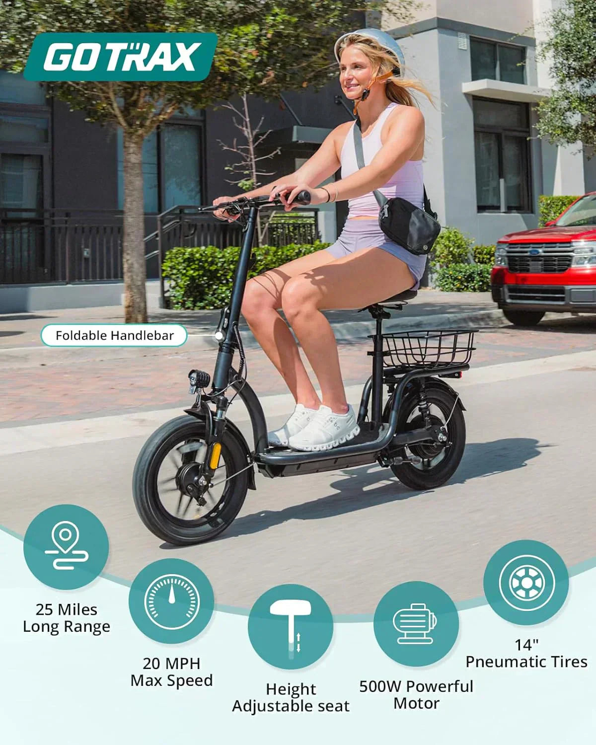 Gotrax adult electric scooter with seat maximum range of 19-25 miles all-terrain tires wide pedals wourant