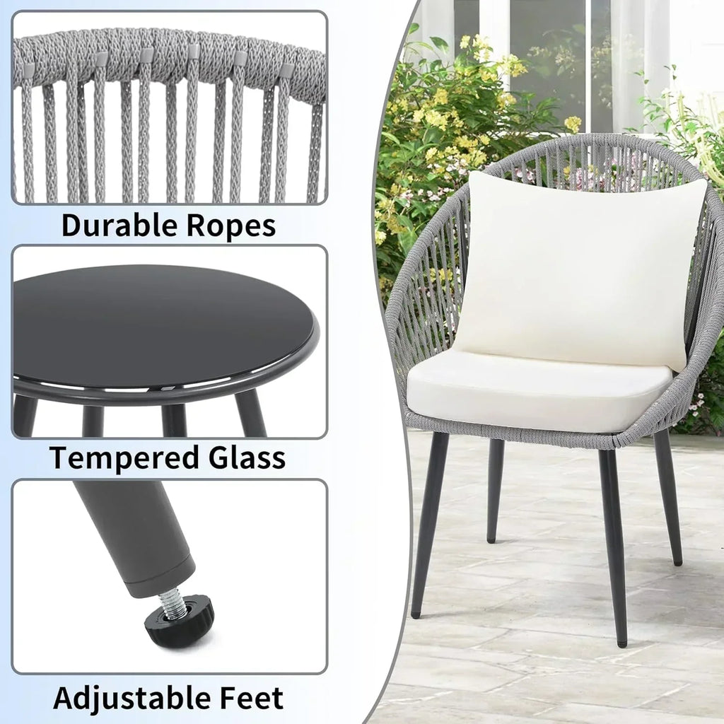 3 Piece Bistro Set Woven Rope Chair with Cushions All Weather Patio Conversation Set Side Table wourant