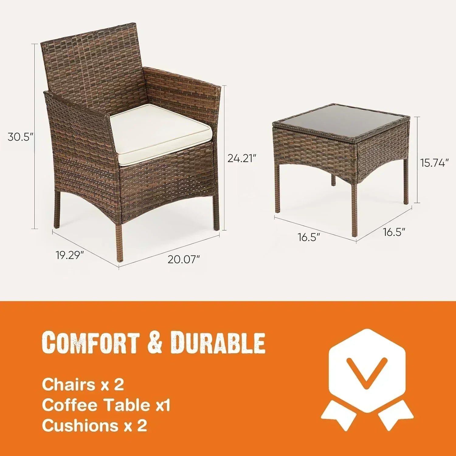 Sweetcripy Patio Furniture Set 3 Pieces Outdoor Furniture with Soft Cushion and Glass Table wourant