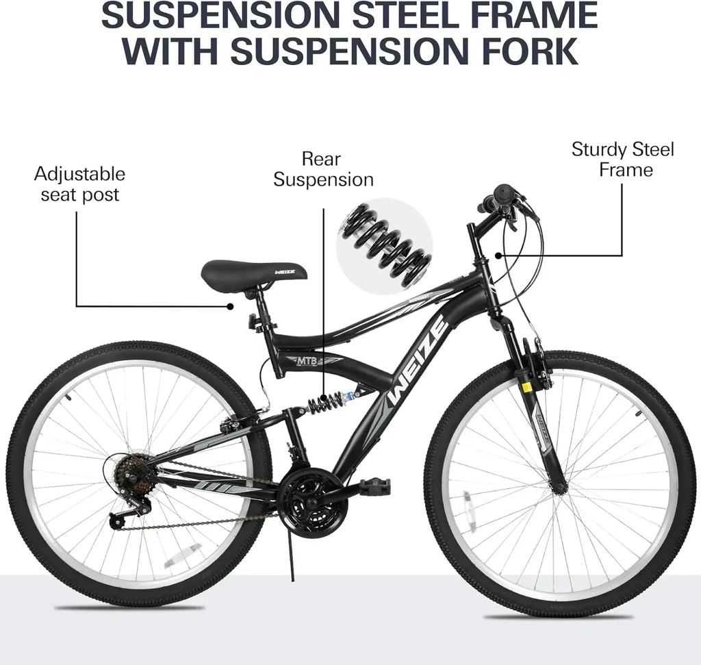 WEIZE Mountain Bike 26 27.5 inch Outdoor Hybrid Bikes 18-Speed High-Carbon Steel Full Suspension wourant