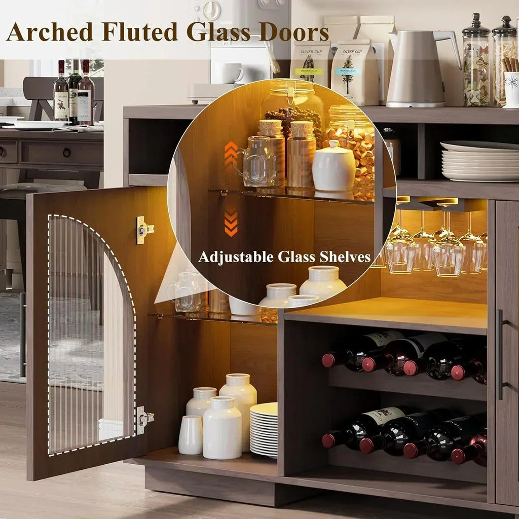 Sideboard 54-inch kitchen cabinet with LED lights and arched glass doors tall bar cabinet wourant