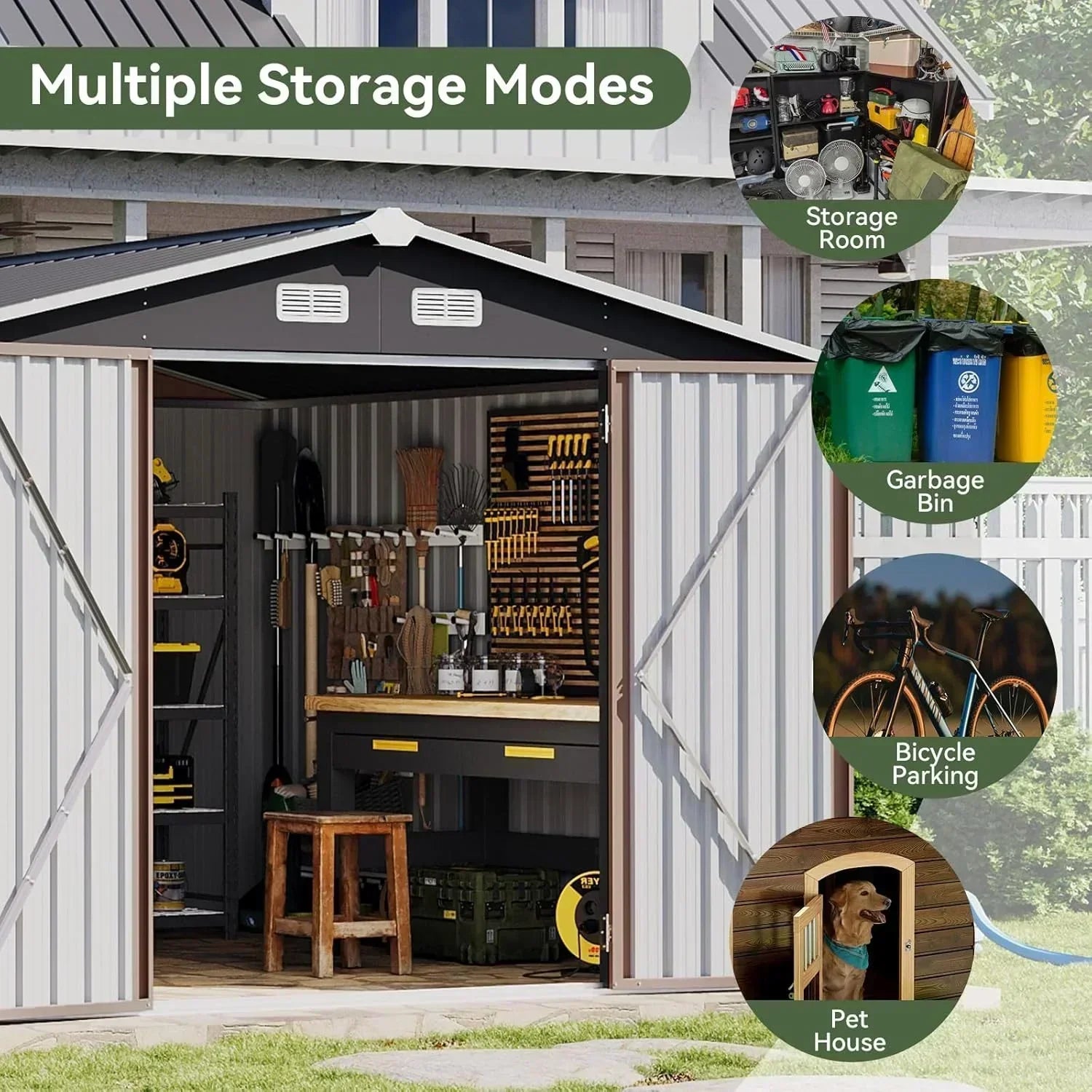 Aoxun 12x10 FT Shed Metal Outdoor Waterproof Storage Shed Steel Utility Garden Tool Shed wourant