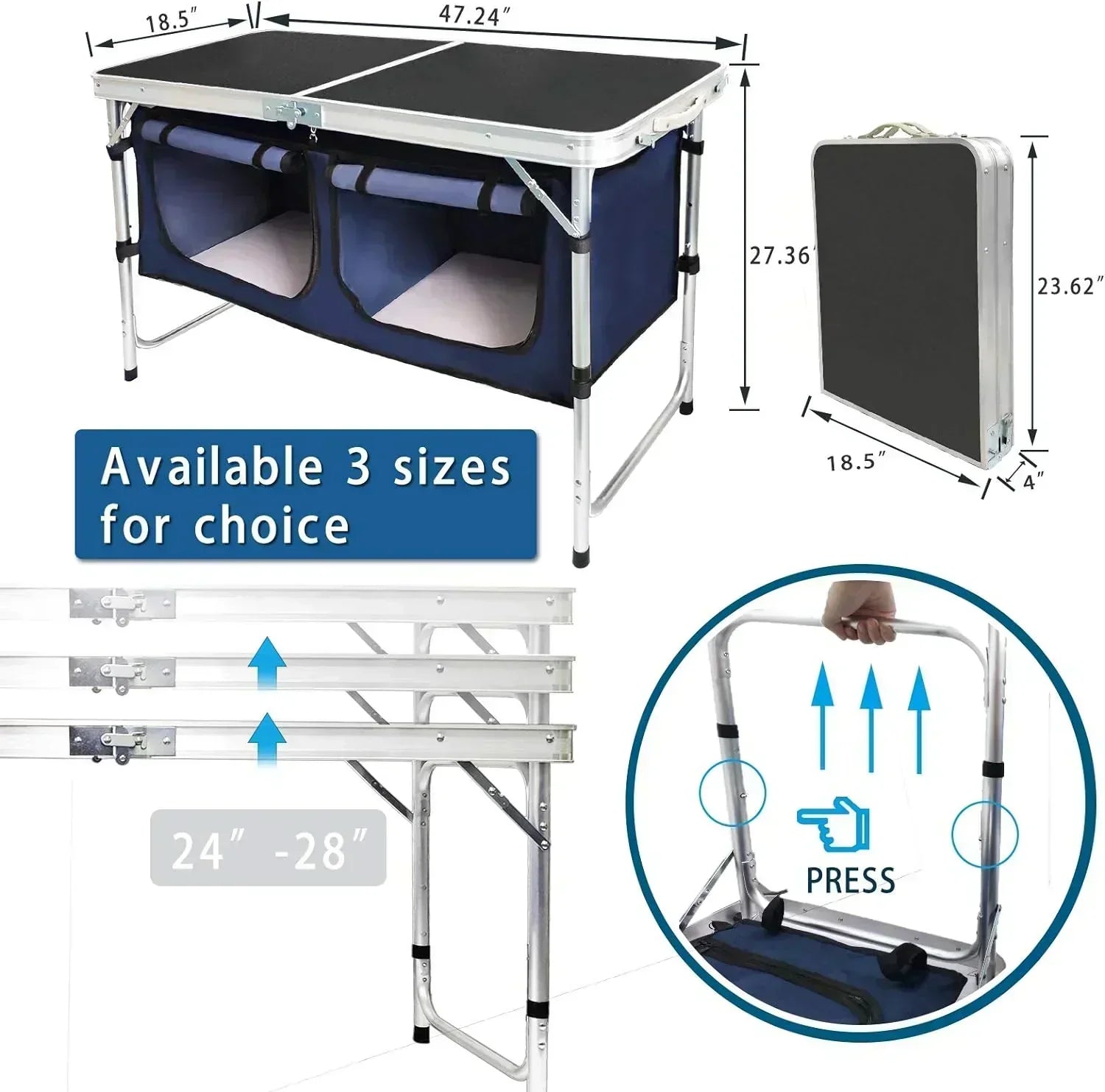 Outdoor Folding Table Aluminum Lightweight Height Adjustable with Storage Organizer wourant