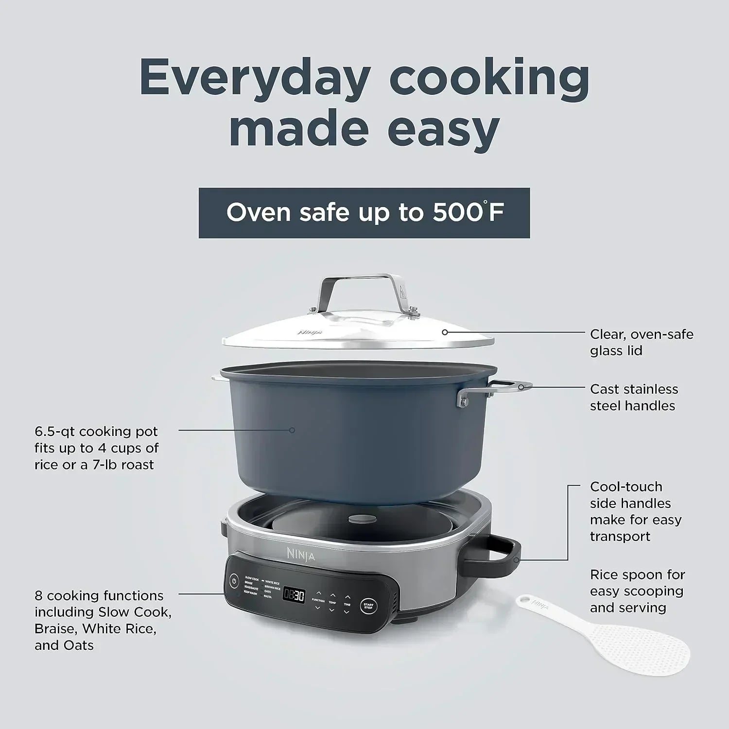 Ninja Slow Cooker 8.5 Quart Multi Cooker with Dutch oven steamer glass lid with integrated spoon wourant