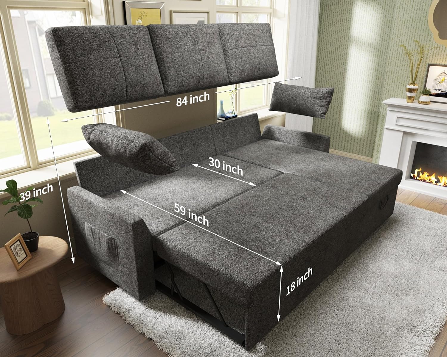 VanAcc Sofa Bed Sleeper Sofa with Storage Chaise 2 in 1 Pull Out Couch Living Room wourant