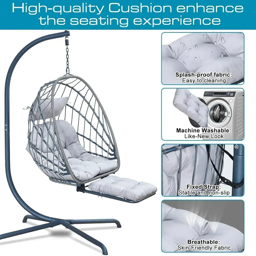 Hanging Egg Chair with Stand and Leg Rest Rattan Wicker Swing Hammock Chair UV-Resistant Cushion wourant