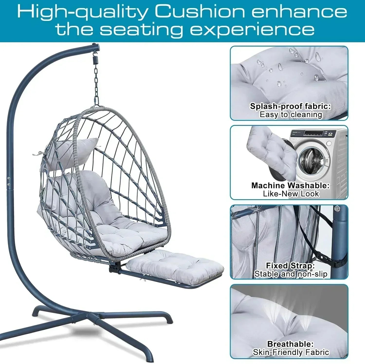 Hanging Egg Chair with Stand and Leg Rest Rattan Wicker Swing Hammock Chair UV-Resistant Cushion wourant