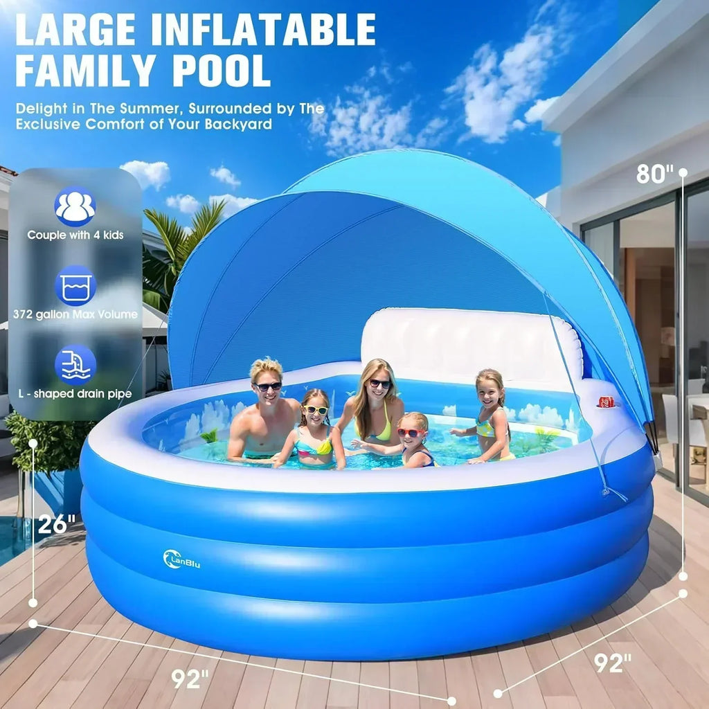 2025 Upgraded Inflatable Pool with Canopy Inflatable Family Lounge Pool Round Blow Up Pool wourant