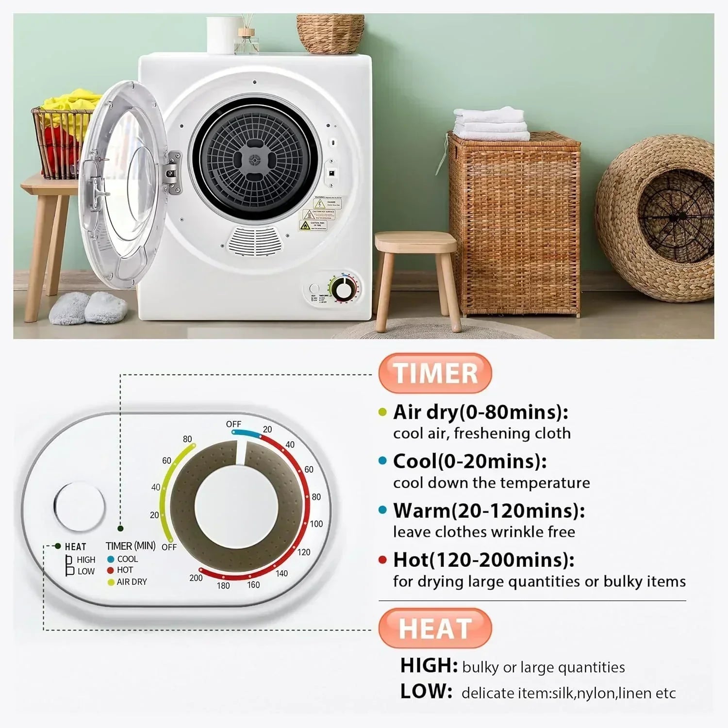 Compact Laundry Dryer 3.5 cu ft Front Load Stainless Steel Clothes Dryers With Exhaust Pipe wourant