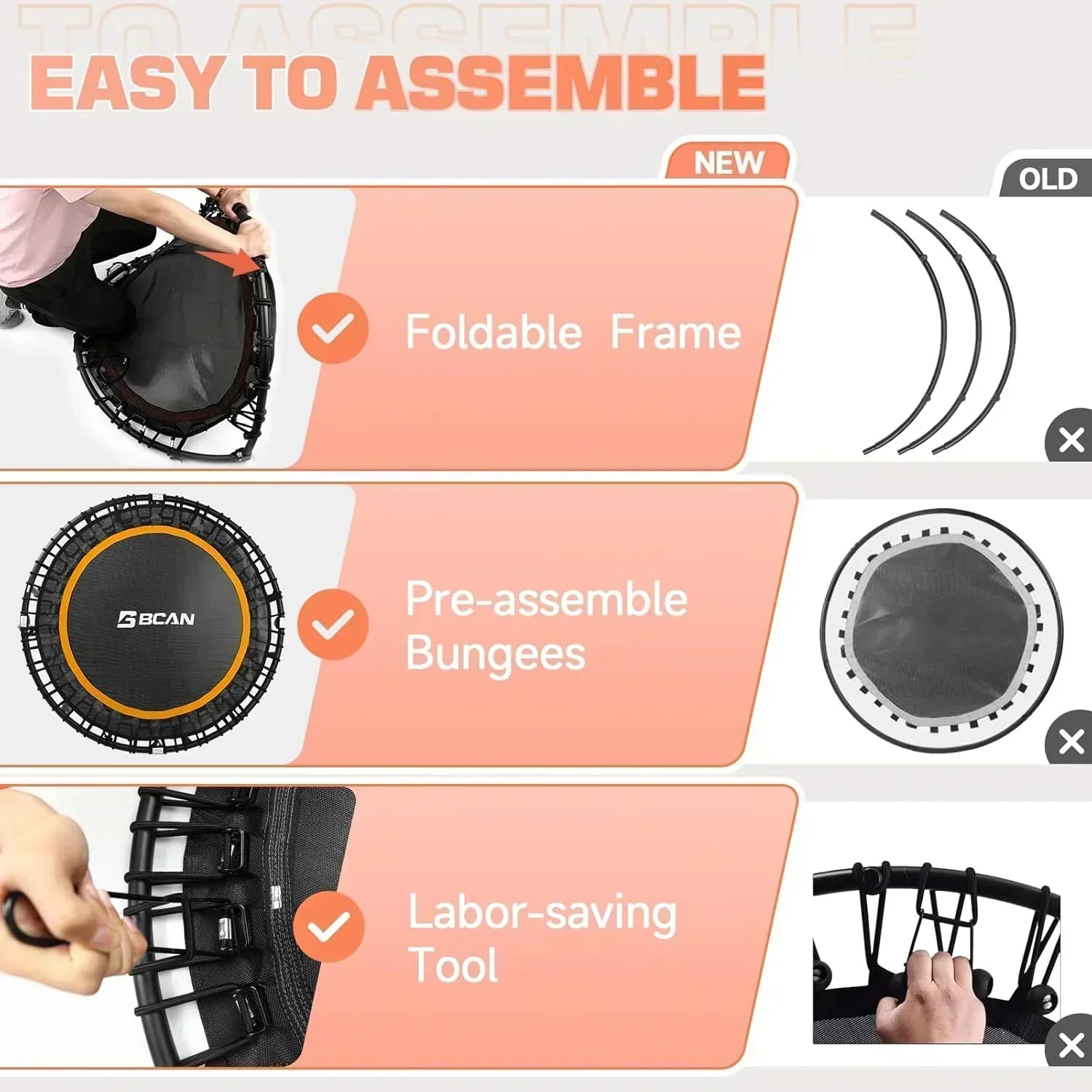 BCAN 450/550 LBS Foldable Mini Trampoline Fitness Trampoline Bungees Adjustable Foam Handle wourant
