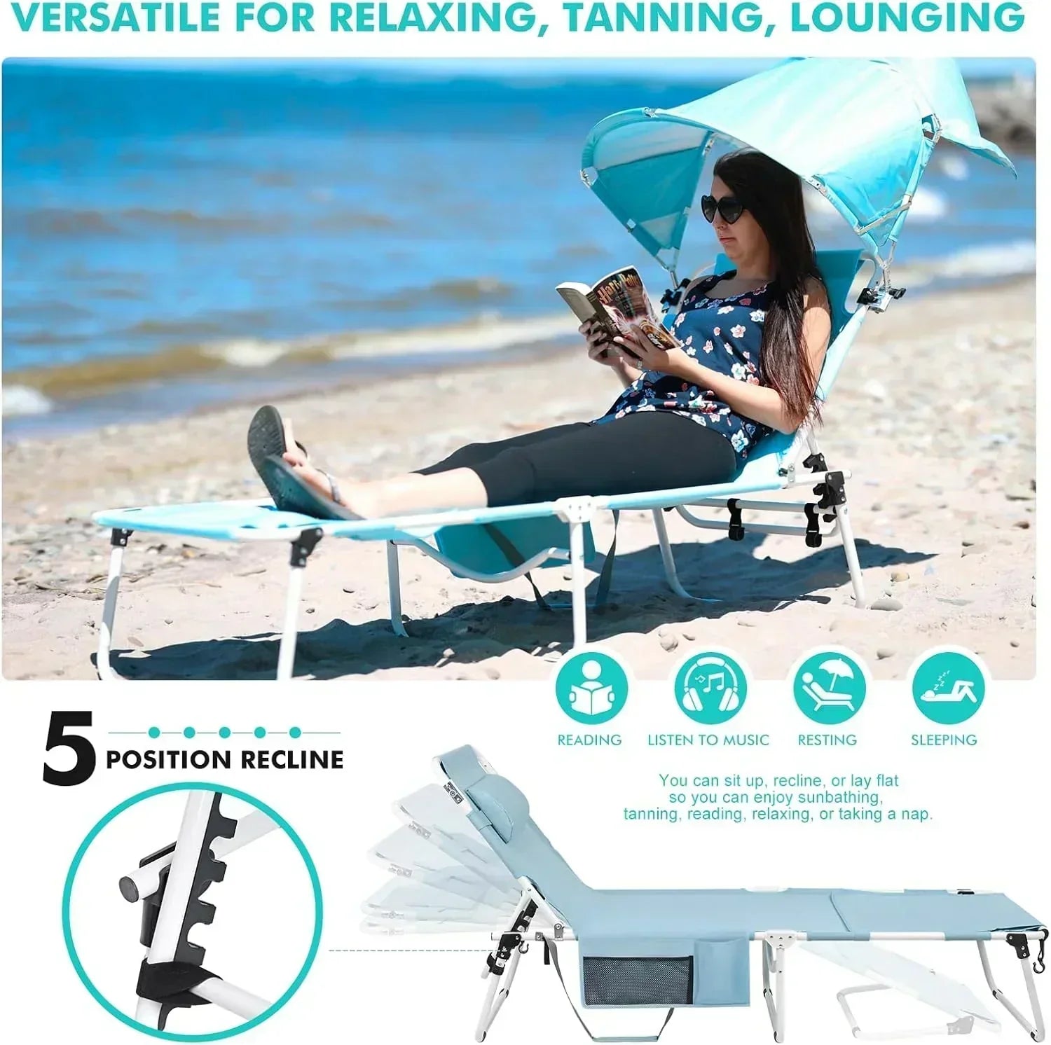 Tanning Chair with Sun Canopy Face Hole Folding Chaise Lounge Chair 5 Position Reclining wourant