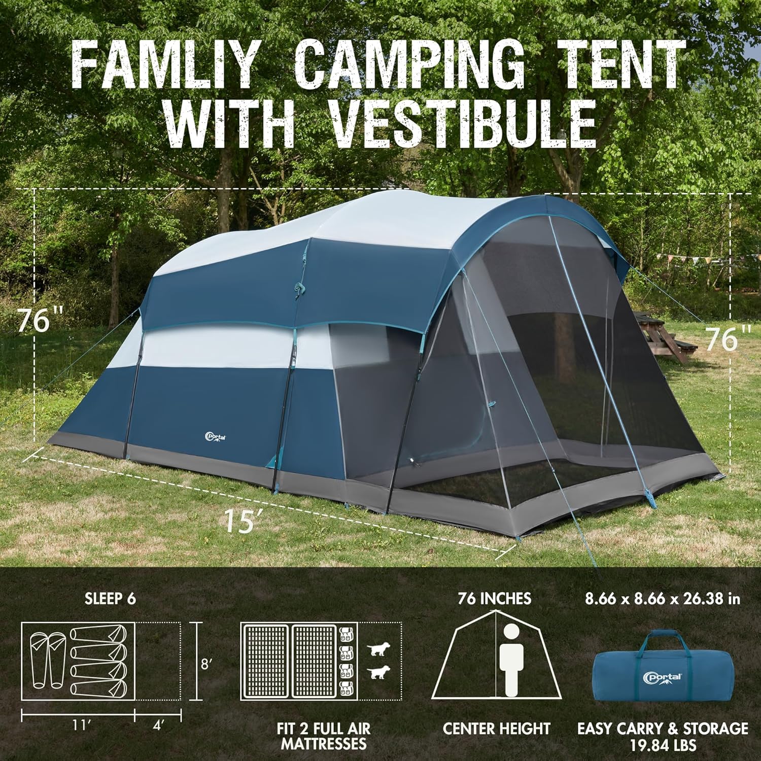 PORTAL 6/8/10 Person Family Camping Tent with Screen Room Water Resistant Big Tunnel Tent wourant