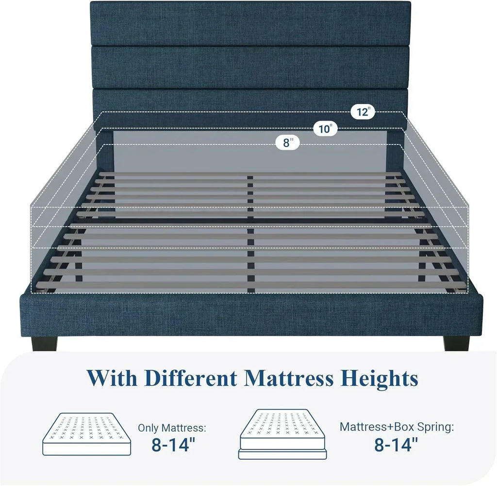 Allewie Queen Size Platform Bed Frame with Fabric Upholstered Headboard Wooden Slats Support wourant