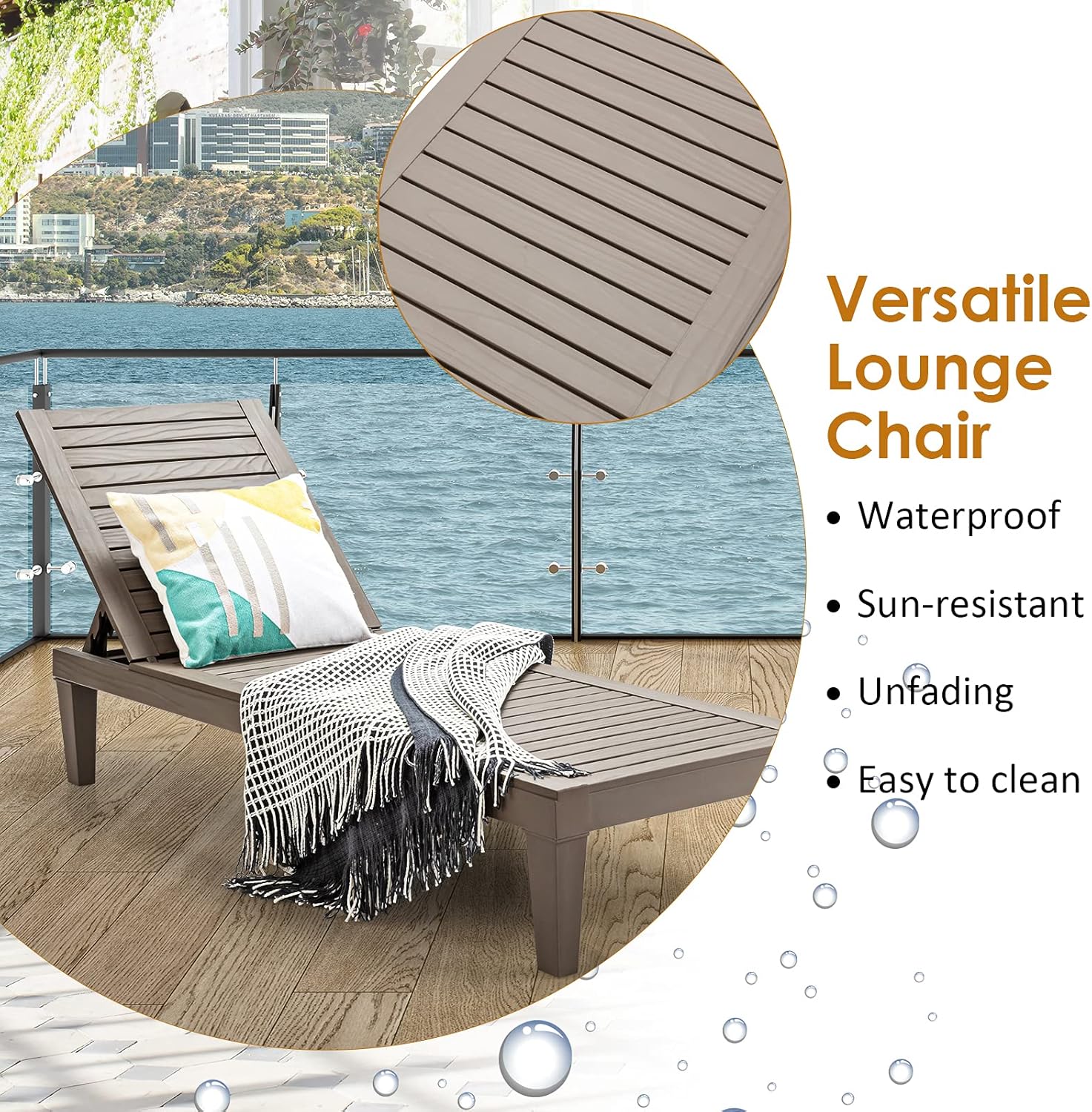 Outdoor Chaise Lounge Chair Lightweight Patio Lounge Recliner Chair with Adjustable Backrest wourant