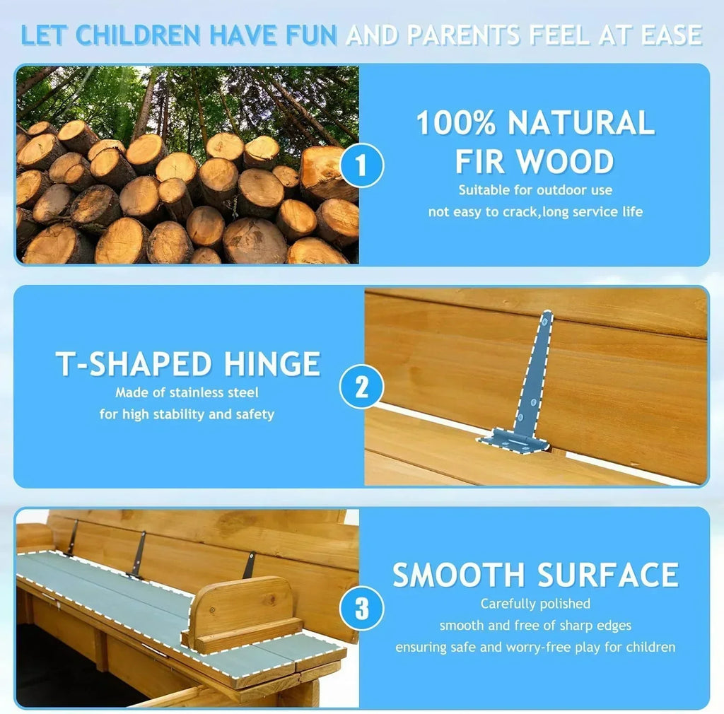 Kids Sandbox with Lid Wooden Sand Box Cover Outdoor UV-Protection Natural Wood Foldable Bench Seat wourant