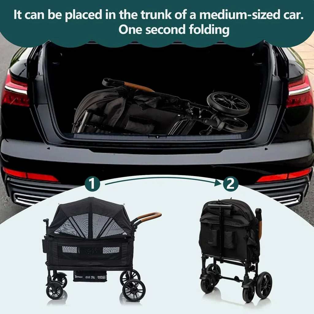 Wagon Stroller for 2 Kids Cargo-Travel Stroller Push-Pull Double Wagon Lightweight Folding Stroller wourant