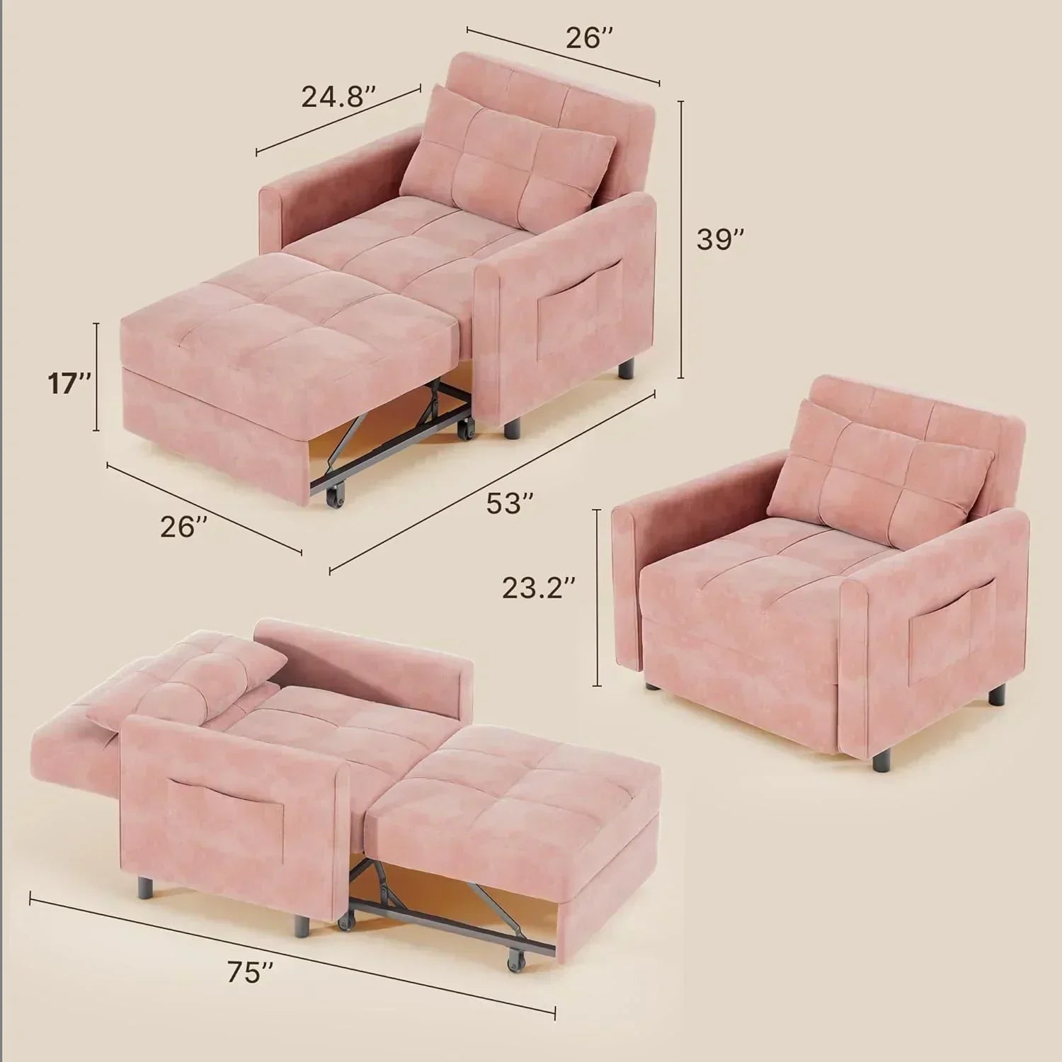 Sofa Bed Chair 3 in 1 Convertible Pullout Single Sleeper Chair Bed Spacious Multifunctional Sofa wourant