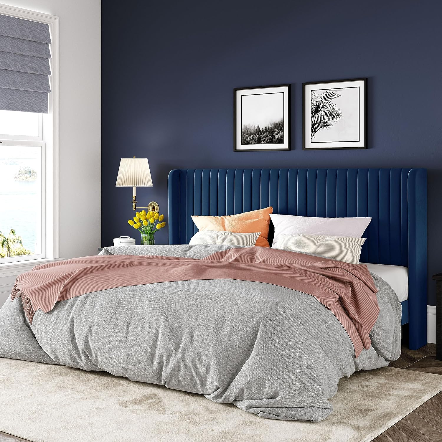 Allewie Full Size Velvet Bed Frame Vertical Channel Tufted Wingback Headboard Upholstered Bed wourant