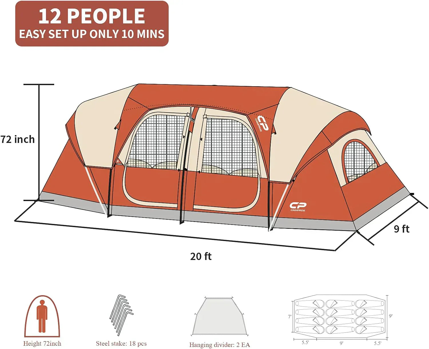 CAMPROS CP Tent 12-Person-Camping-Tents 3 Room Family Tents Waterproof Family Tent wourant