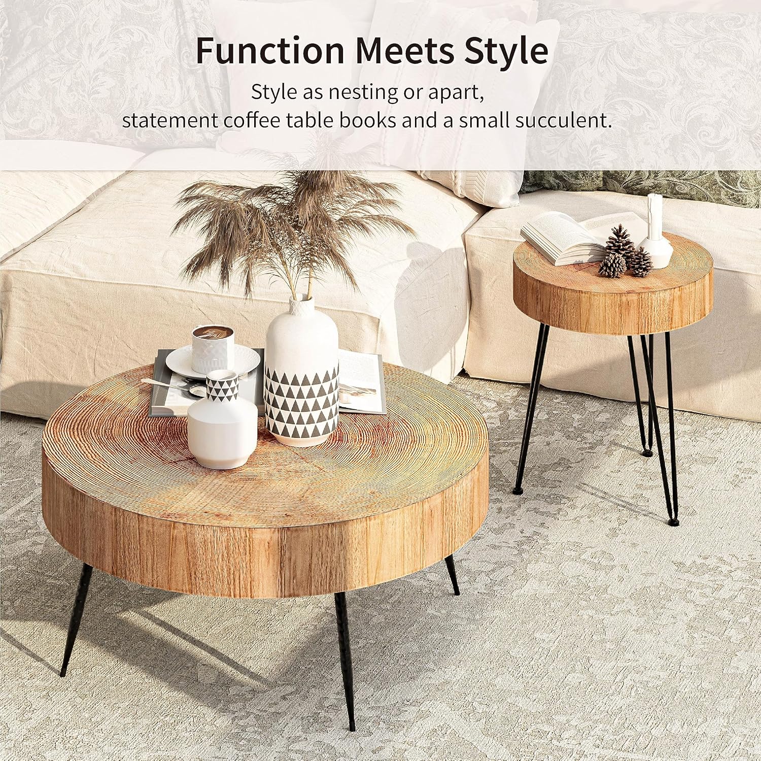 Two-Piece Modern Farmhouse Living Room Coffee Table Set Round Nesting Tables wourant