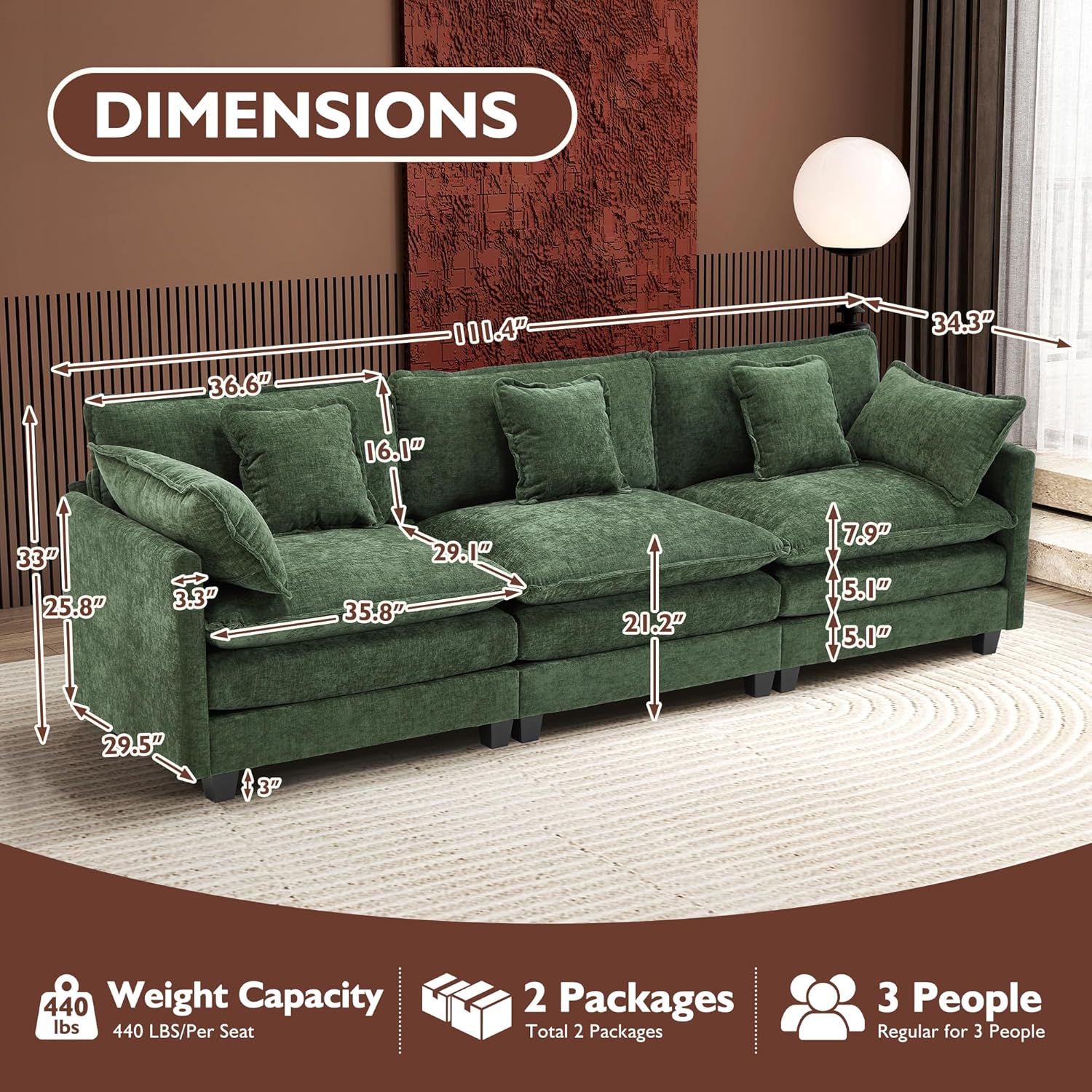 111.4 Inch L Shaped Modern Sofa Modular Cloud Sofa with Ottoman 4 Seater Chenille Deep Seat Sofa wourant