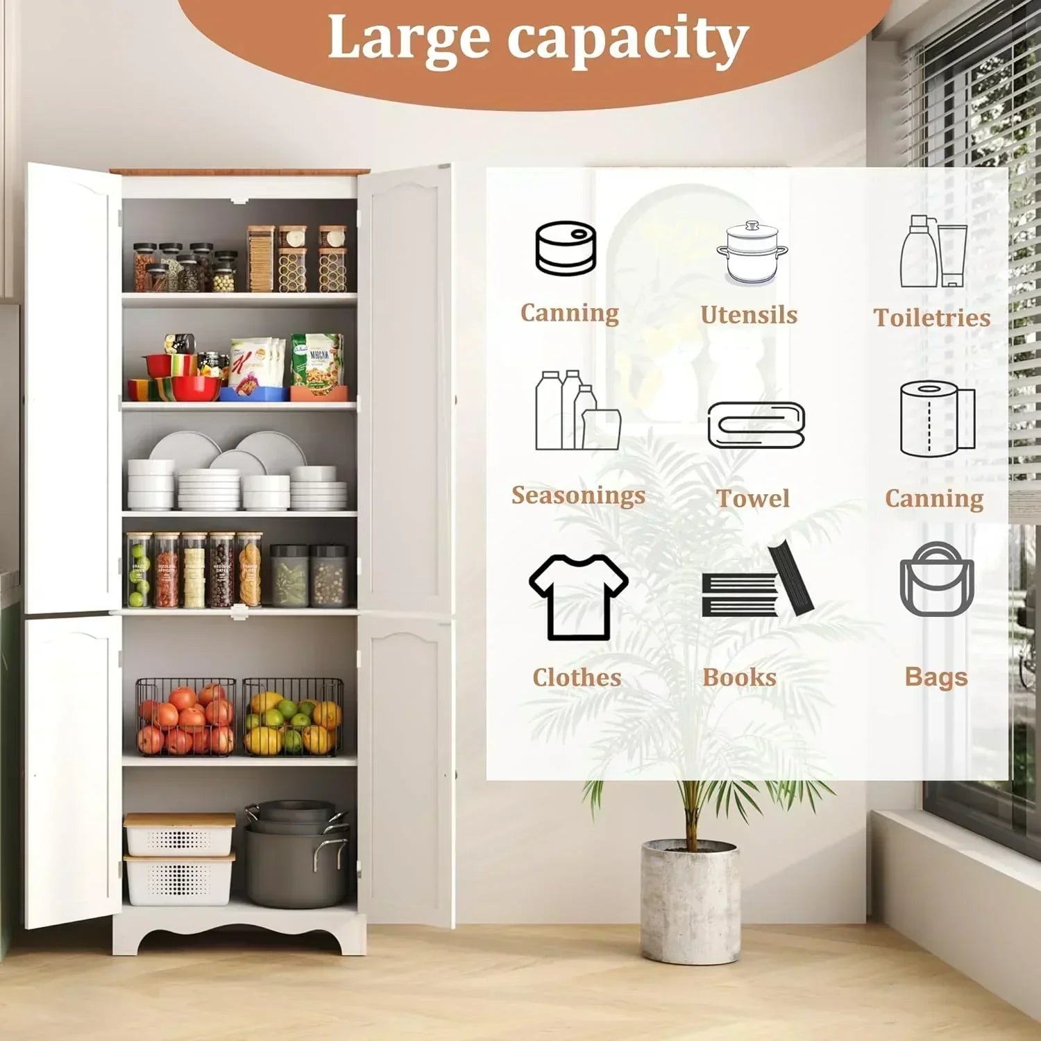 Tall Pantry Cabinet Freestanding Storage Cabinet Wooden Kitchen Pantry with 4 Doors wourant