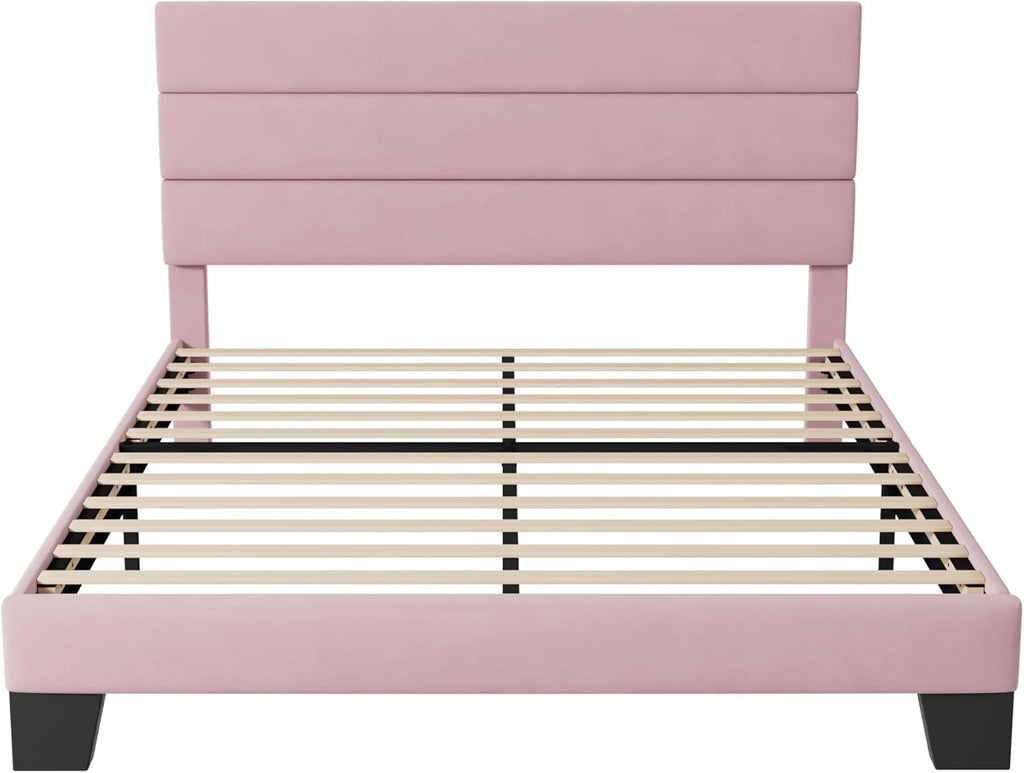 Allewie King size platform bed frame with velvet upholstered headboard and planks wourant