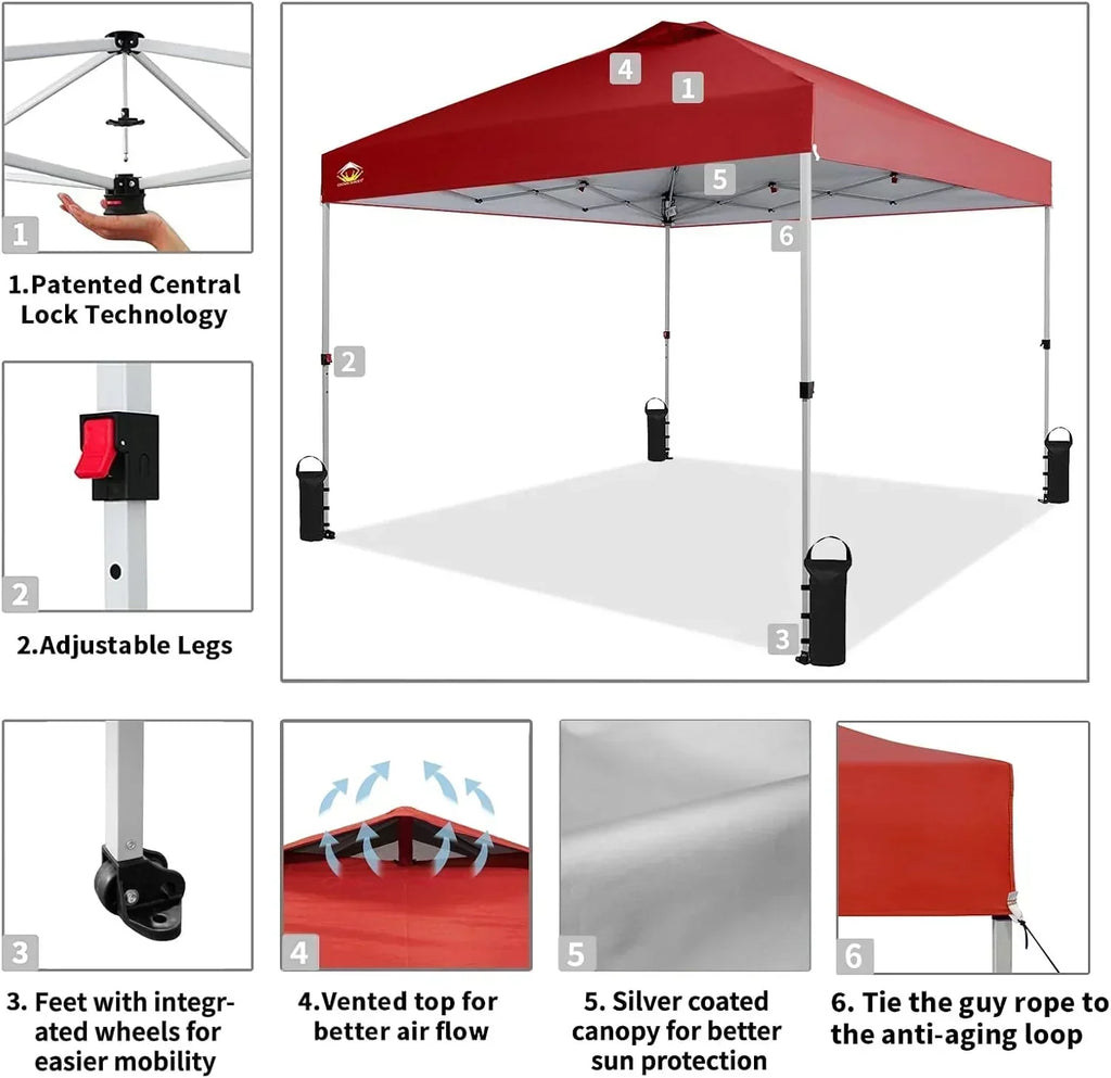 10x10 Pop-Up Awning One-Click Installation Beach Tent Outdoor Sunshade Silver Coated Top wourant