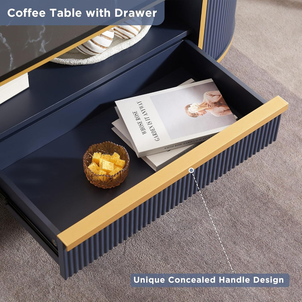 OKD Modern Luxury Grooved Coffee Table 48 Inch Oval Coffee Table Drawers Imitation Marble Top wourant