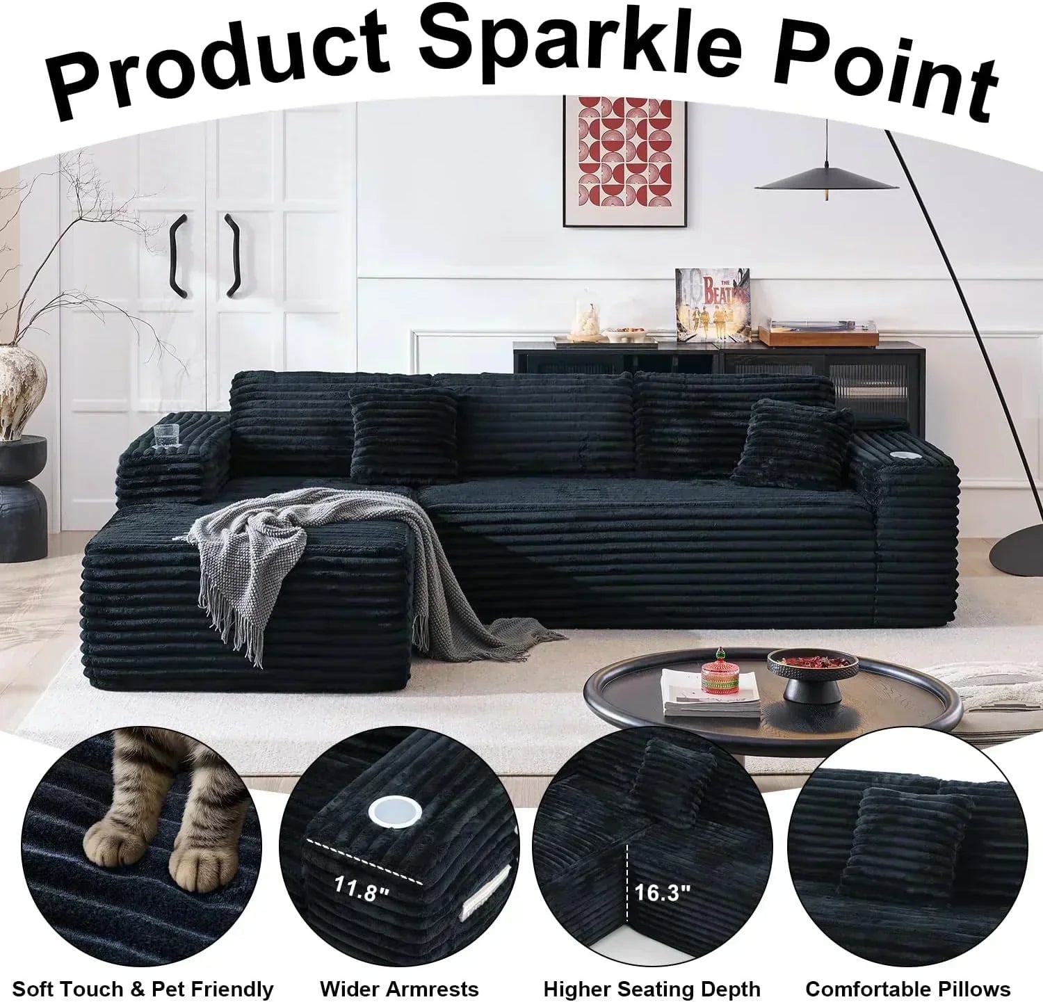 Cloud section sofa with L-shaped recliner modern modular sofa built-in cup holder wourant