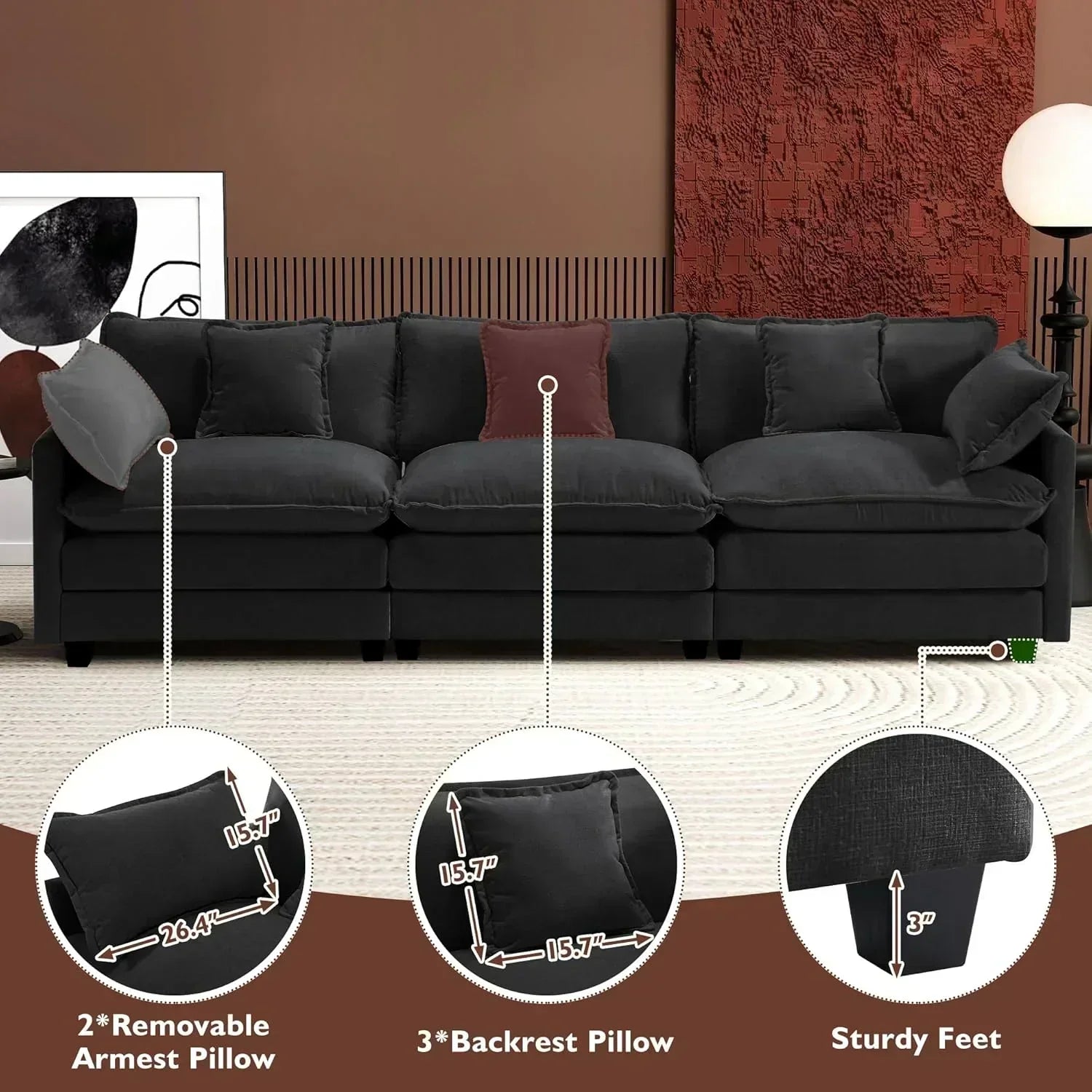 111.4 Inch L Shaped Modern Sofa Modular Cloud Sofa with Ottoman 4 Seater Chenille Deep Seat Sofa wourant