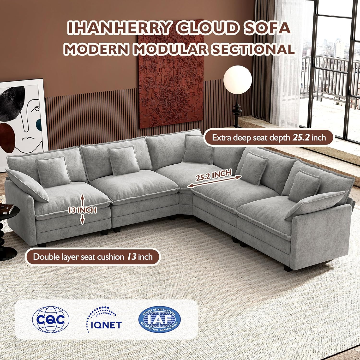 ihanherry 146-inch U-shaped modern sofa modular area cloud sofa wourant