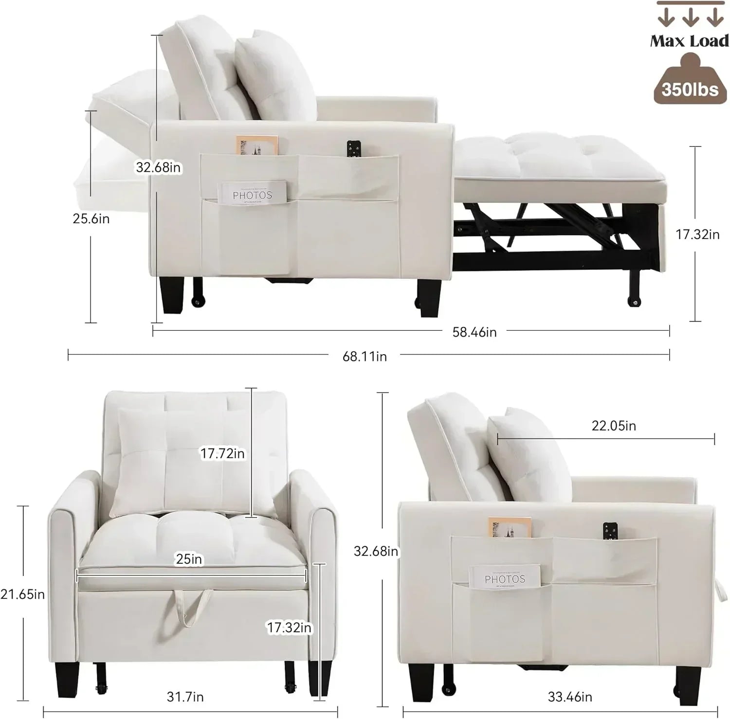 Convertible Sleeper Chair 3 in 1 Sleeper Chair Bed Pull Out Sofa Bed Chairs Velvet Single Sofa wourant