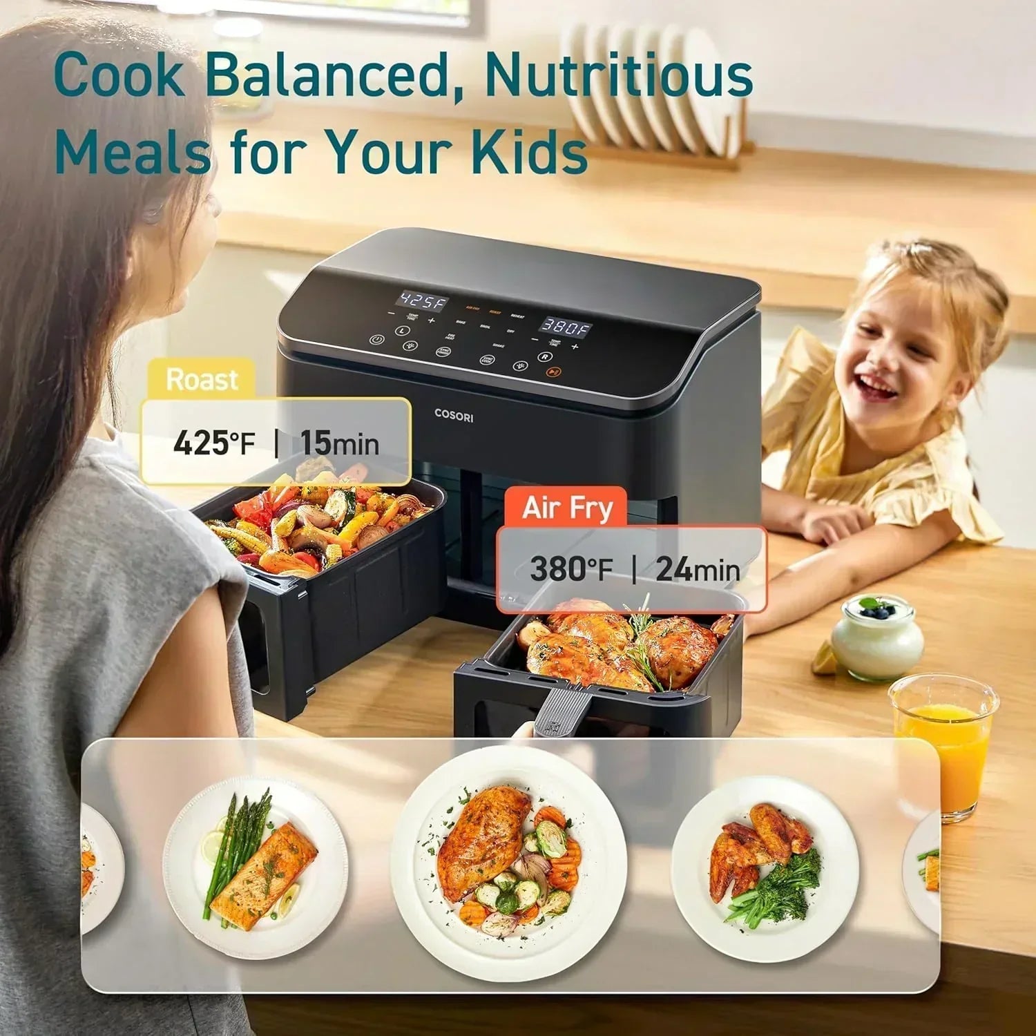COSORI 9Qt 10-in-1 Dual Air Fryer Fresh Balanced Meals for Family with Double Baskets wourant