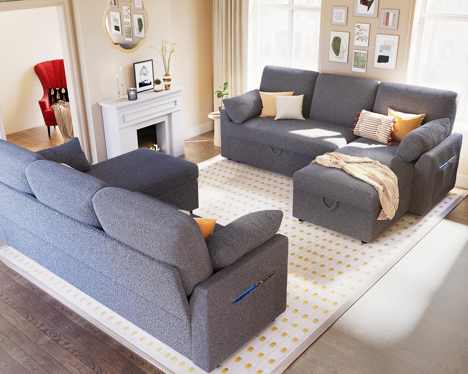 VanAcc Sofa Bed Sleeper Sofa with Storage Chaise 2 in 1 Pull Out Couch Living Room wourant