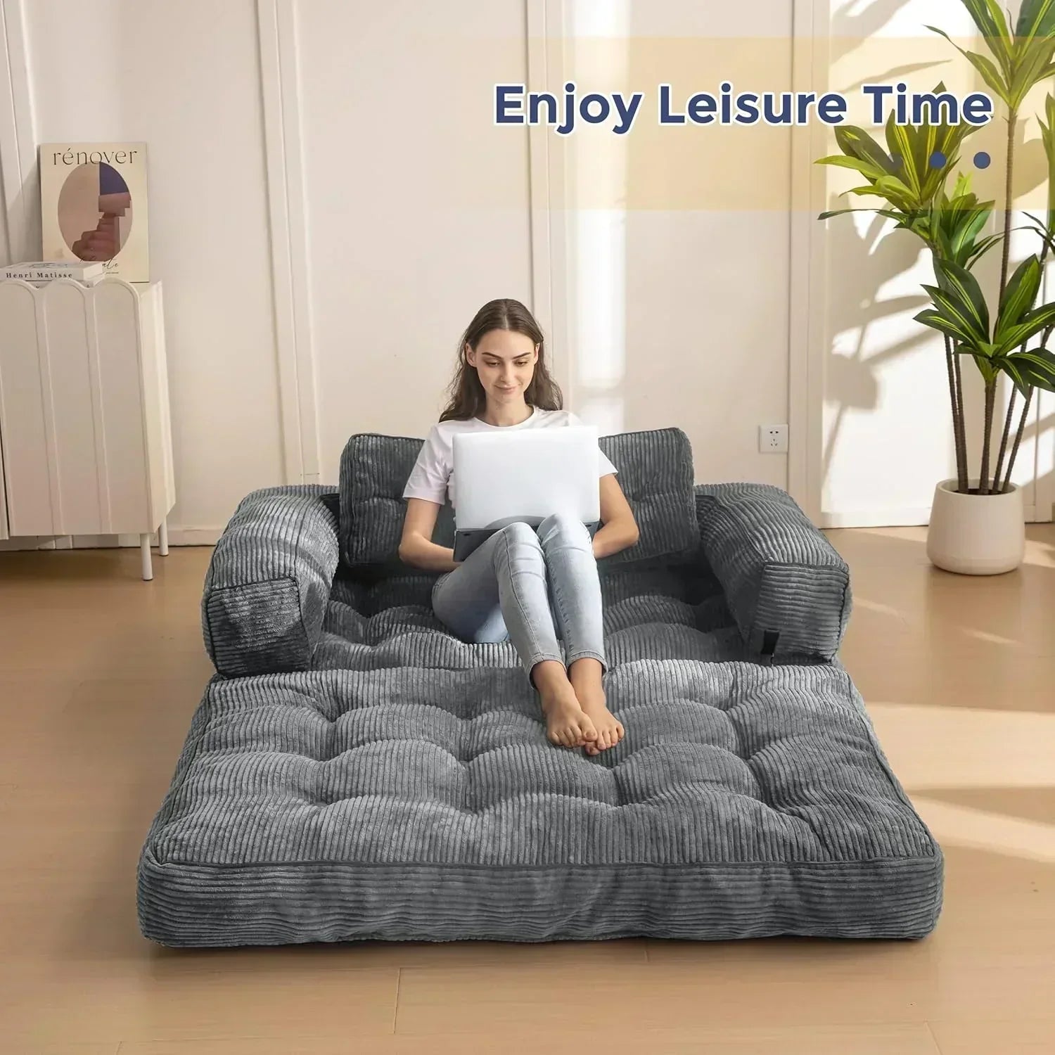 Folding Sofa Bed L-Shaped Convertible Sofa Bed with Armrests and Pillows wourant