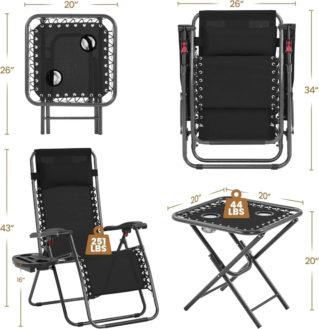 3PCS Zero Gravity Recliner Portable Outdoor Reclining Chair Set Side Table Lounge Chairs wourant