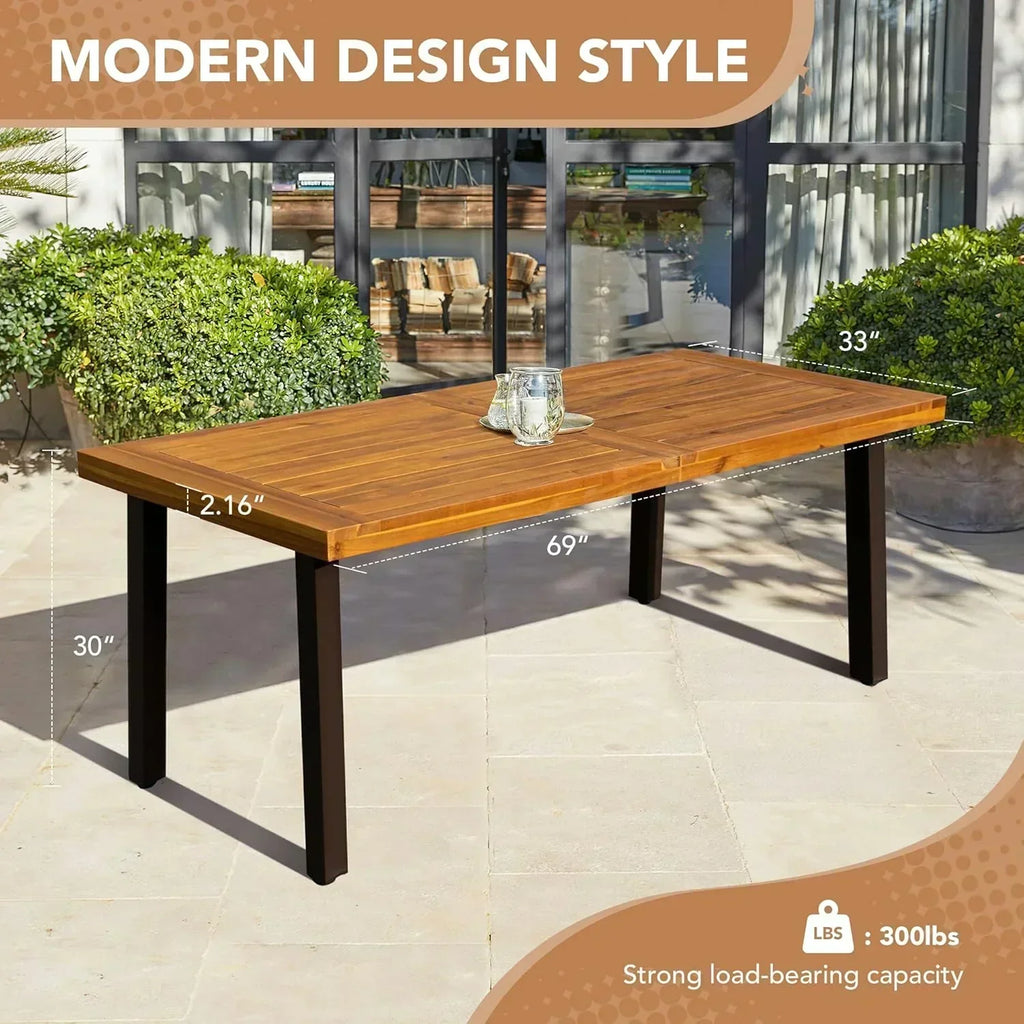 Devoko Home Acacia Wood Dining Table 6-Person Indoor Outdoor Table Iron Legs Sandblast Finish wourant