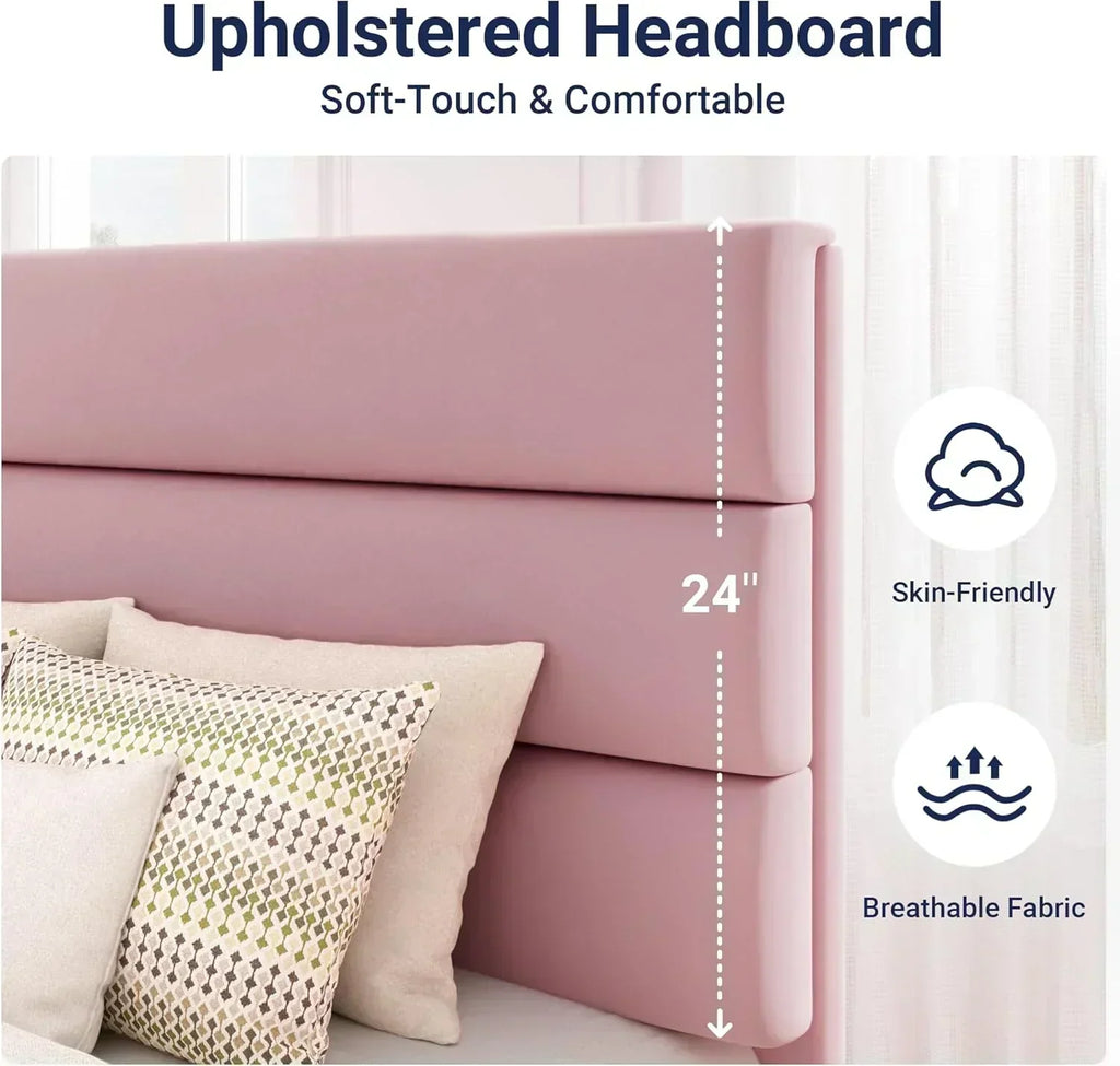 Allewie Queen Size Platform Bed Frame with Fabric Upholstered Headboard Wooden Slats Support wourant