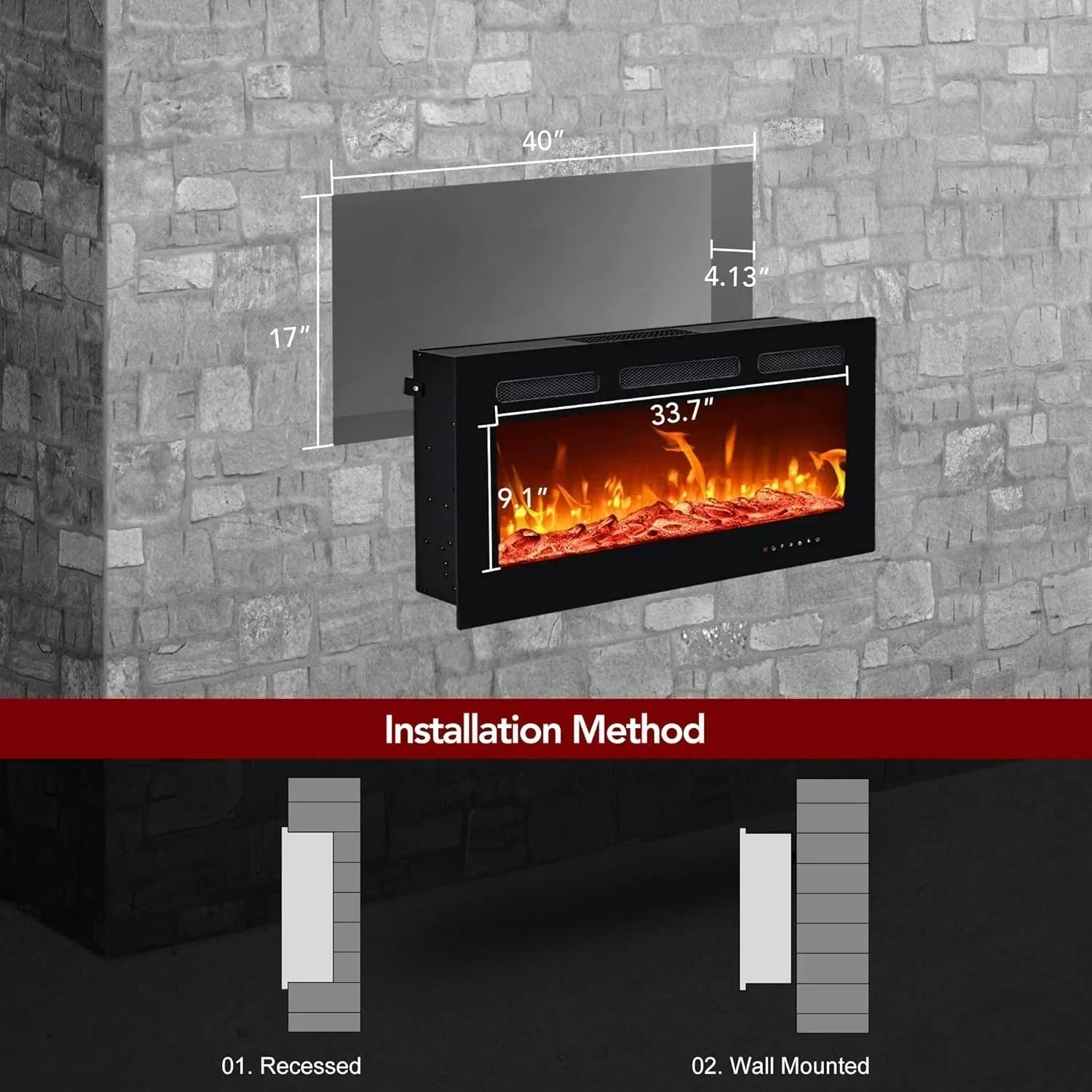 EUHOMY 50 Inch Electric Fireplace Wall Recessed Adjustable Flame Color Fireplace Heater wourant
