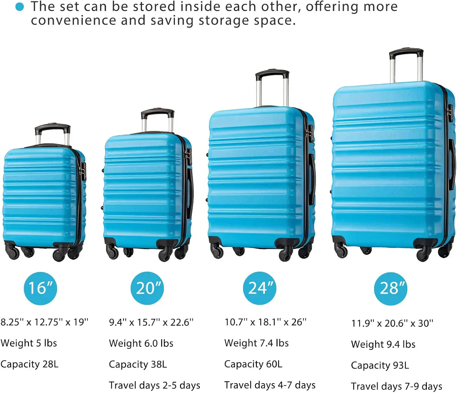 LONG VACATION 6 Piece Luggage Set Carry on Suitcase with ABS+PC hardshell Spinner Wheels wourant