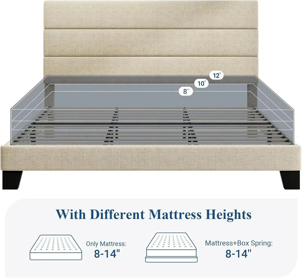 Allewie Queen Size Platform Bed Frame with Fabric Upholstered Headboard Wooden Slats Support wourant